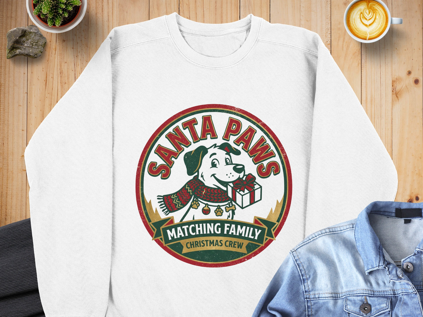 White sweatshirt with a circular graphic of a dog holding a gift, "Santa Paws" text above.