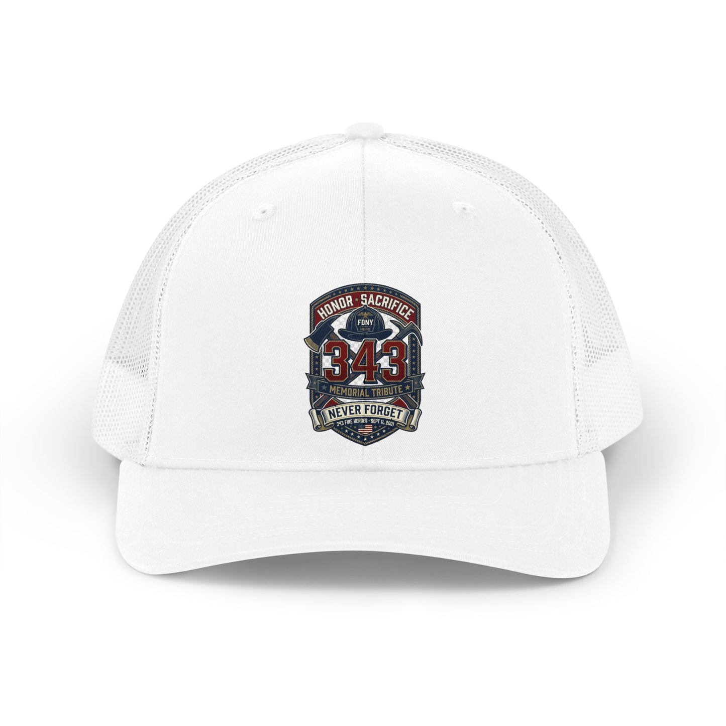 White trucker cap with a "343 Memorial Tribute Never Forget" patch.