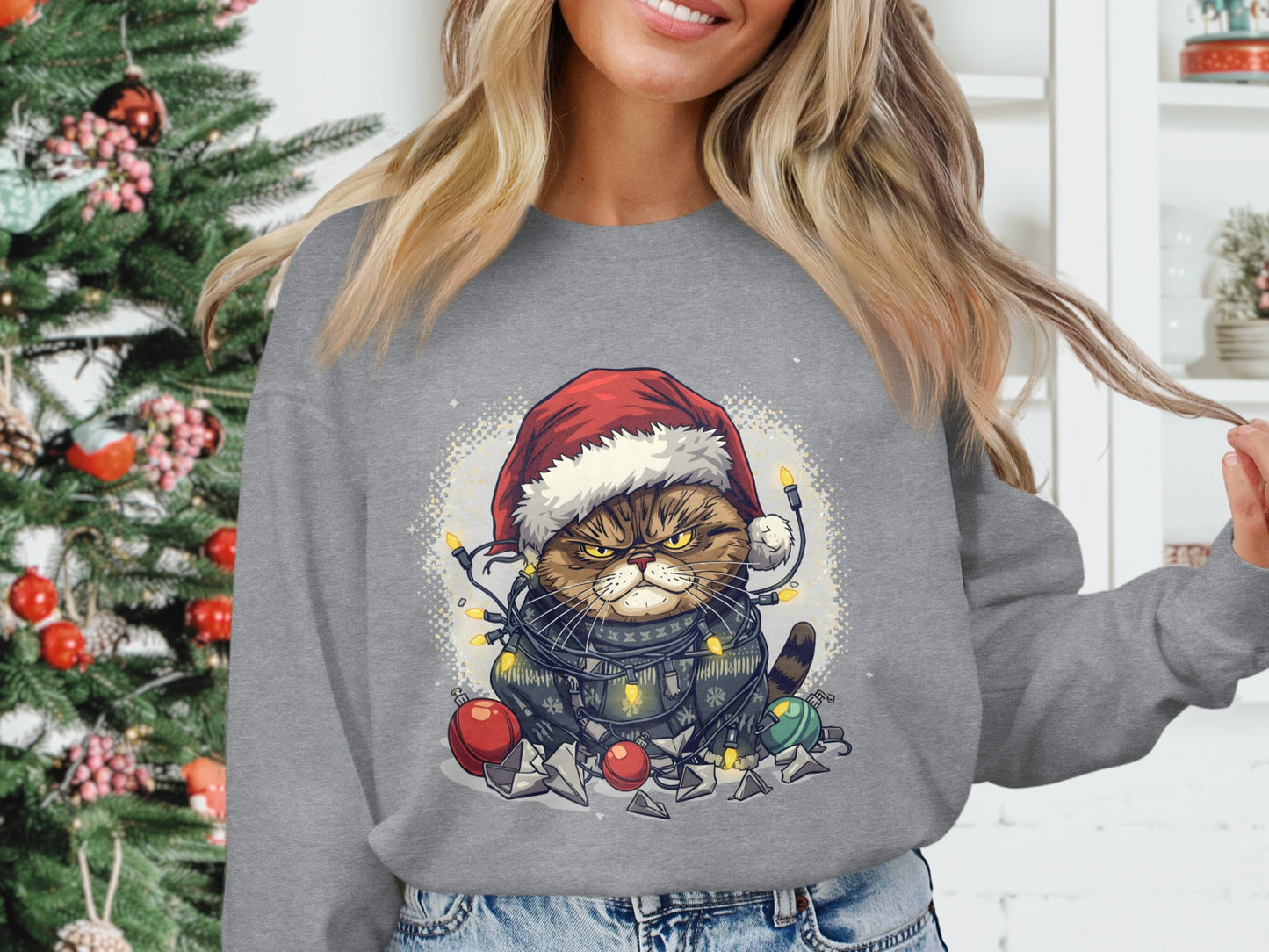 Funny Cat Wrapped in Christmas Lights Sweatshirt