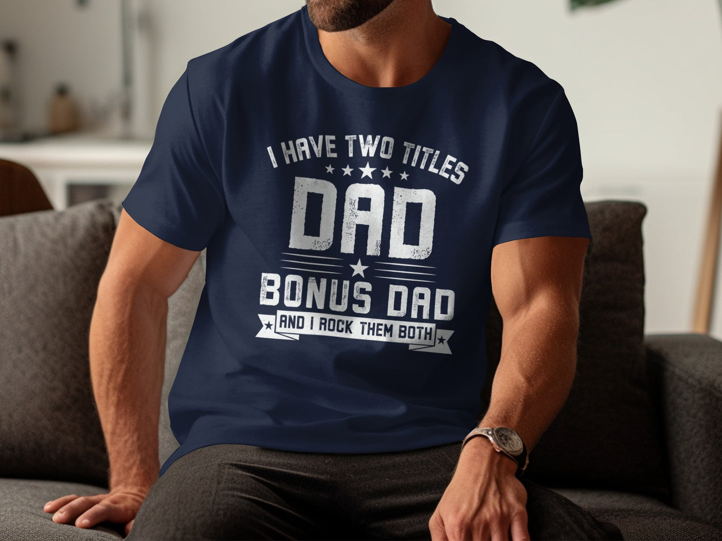 Navy t-shirt with "Dad Bonus Dad I Rock Them Both" text.
