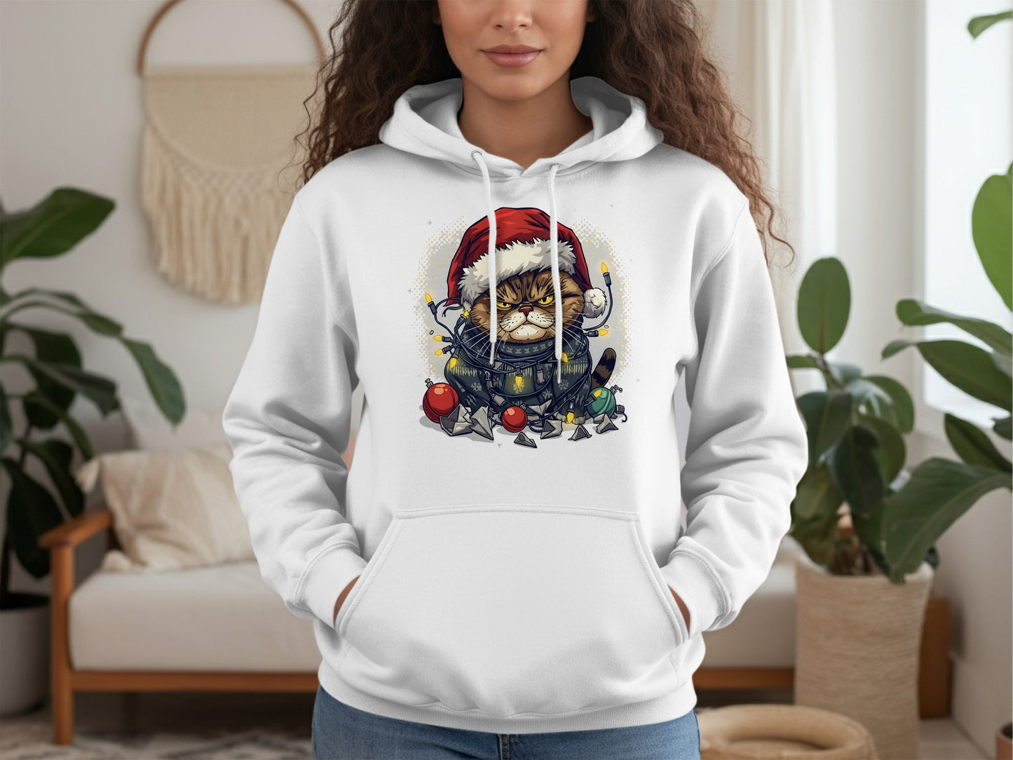 Grumpy Cat in Santa Hat with Christmas Lights hoodie