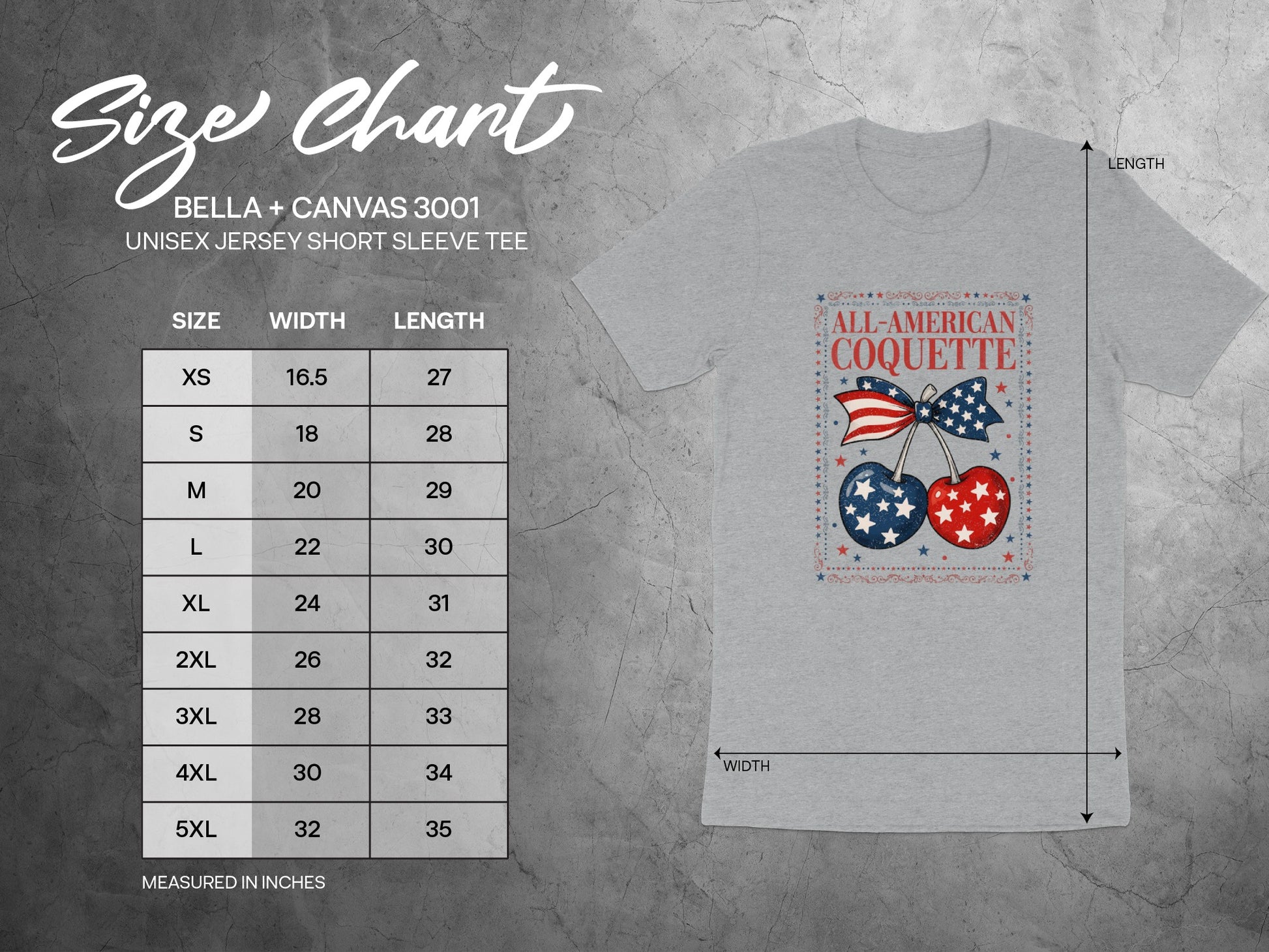 Size chart for Bella+Canvas 3001 unisex short sleeve tee.
