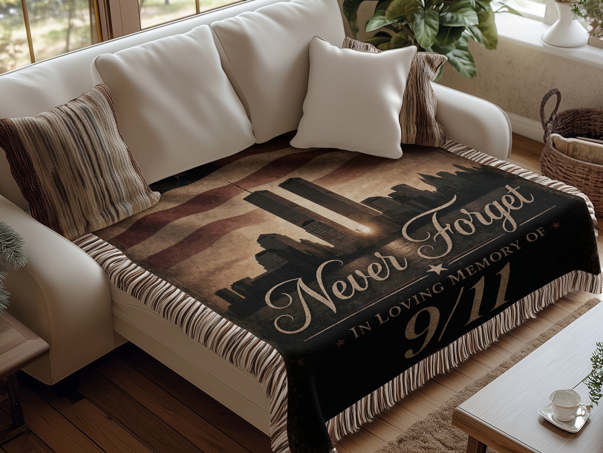 Throw blanket with Twin Towers and text "Never Forget 9/11" on an American flag background.