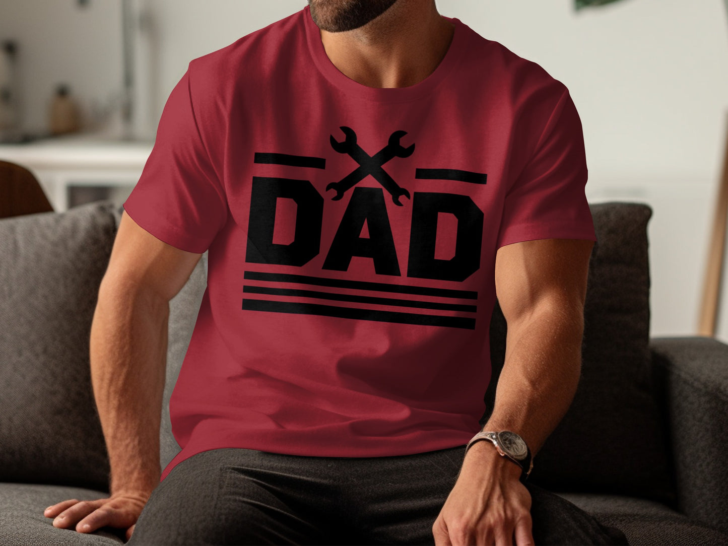 Red t-shirt with black "DAD" text and crossed wrenches graphic.