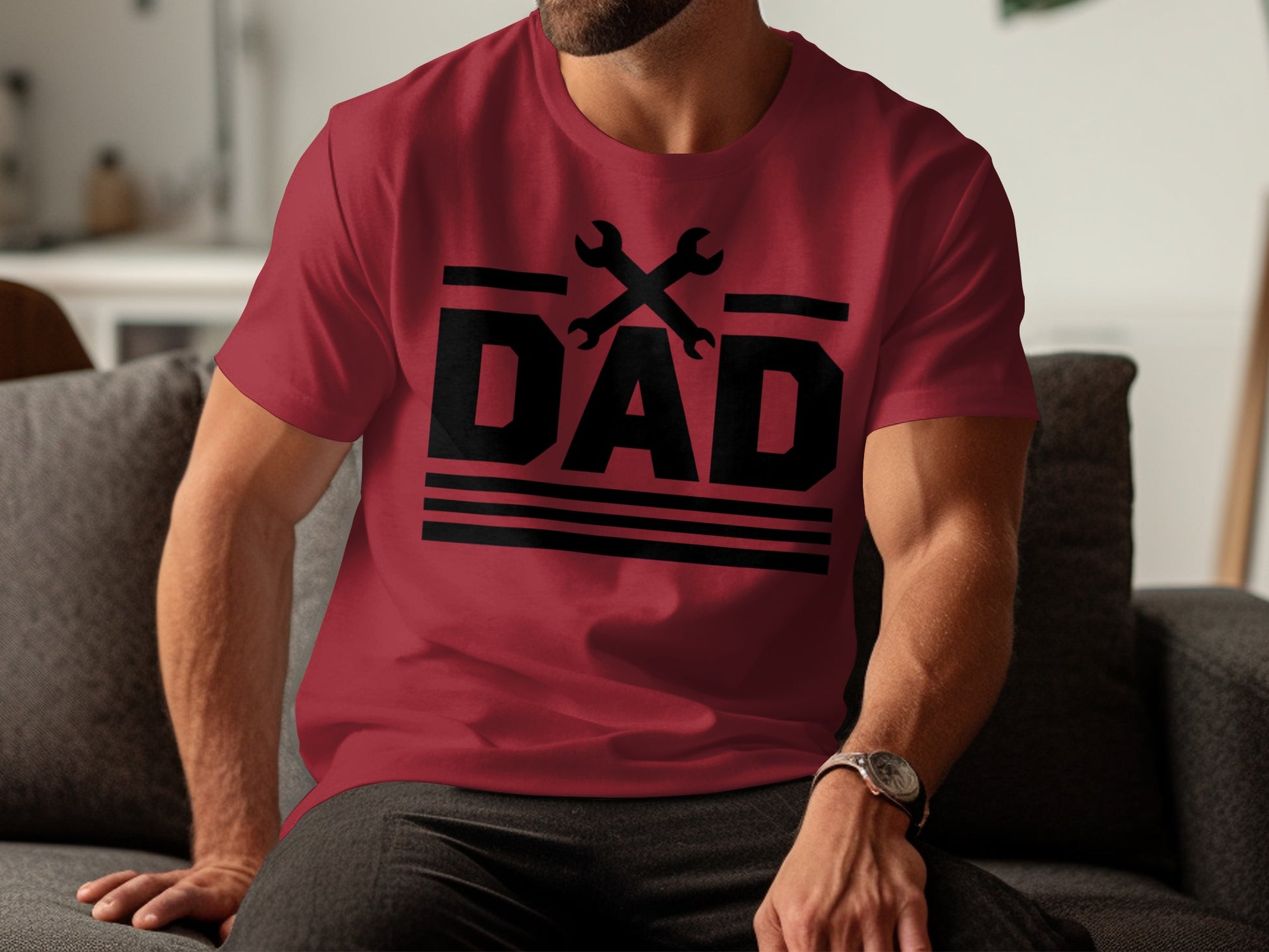 Red t-shirt with black "DAD" text and crossed wrenches graphic.
