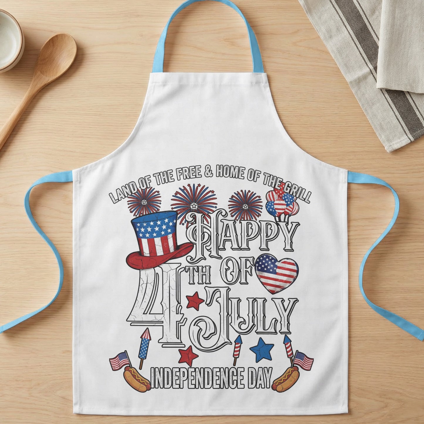 White apron with "Happy 4th of July Independence Day" patriotic graphic.