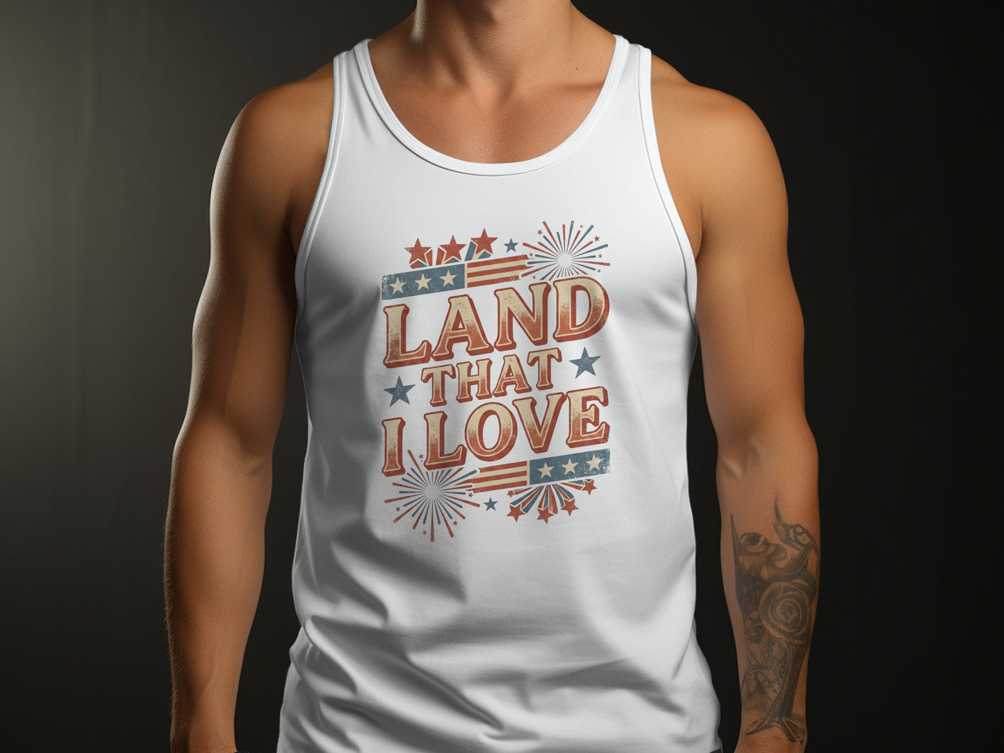 White tank top with distressed "Land That I Love" text and patriotic graphics.