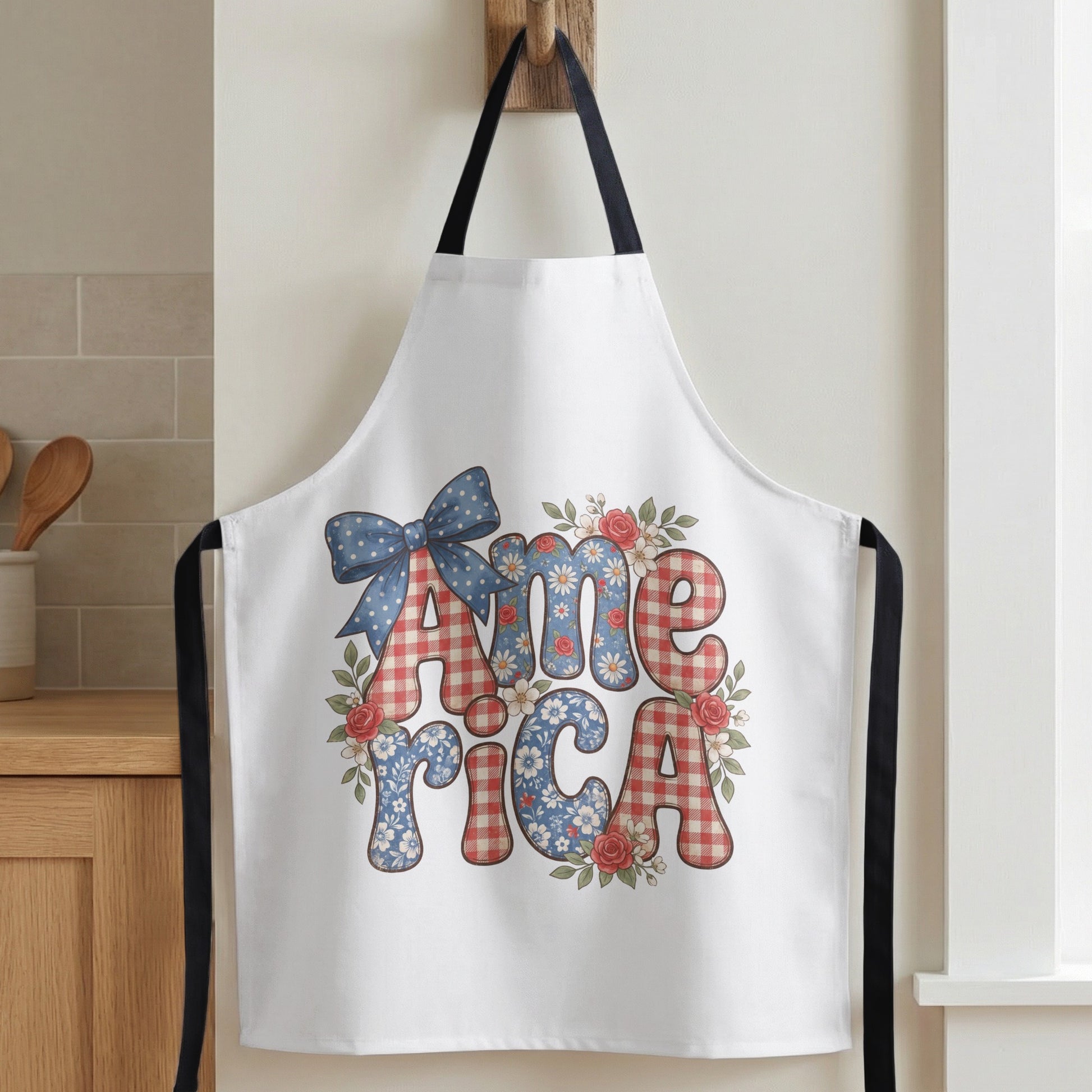 White apron with floral and gingham "America" text and blue bow.