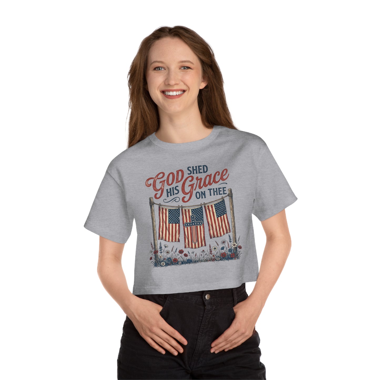 Grey cropped t-shirt with "God Shed His Grace On Thee" text and three flags.