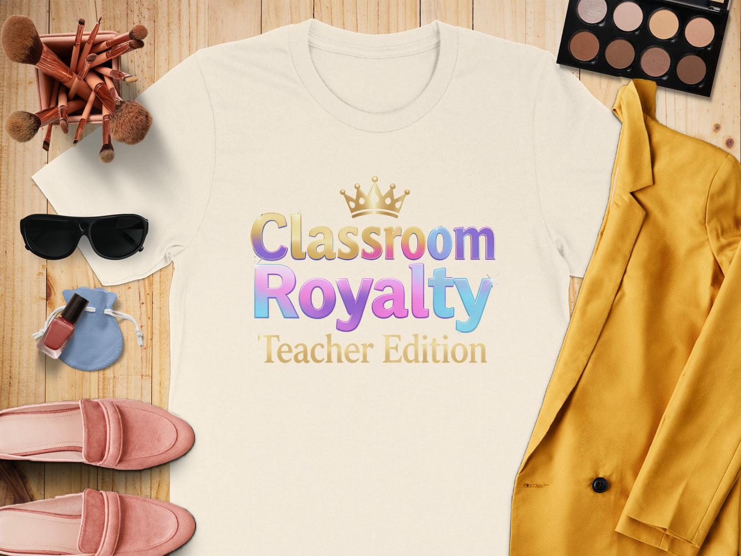Cream t-shirt with "Classroom Royalty Teacher Edition" text and crown graphic.