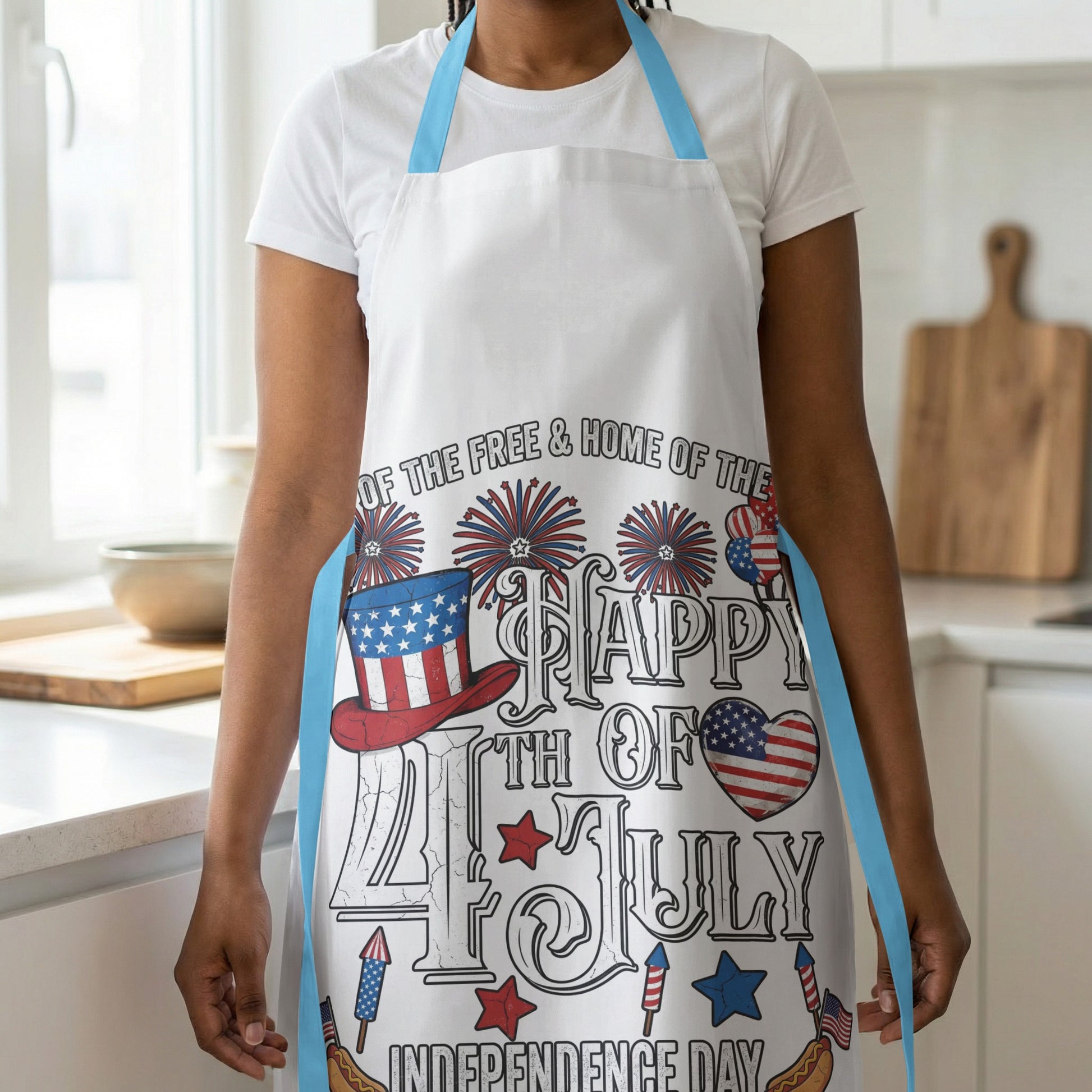 White apron with "Happy 4th of July Independence Day" patriotic graphic.