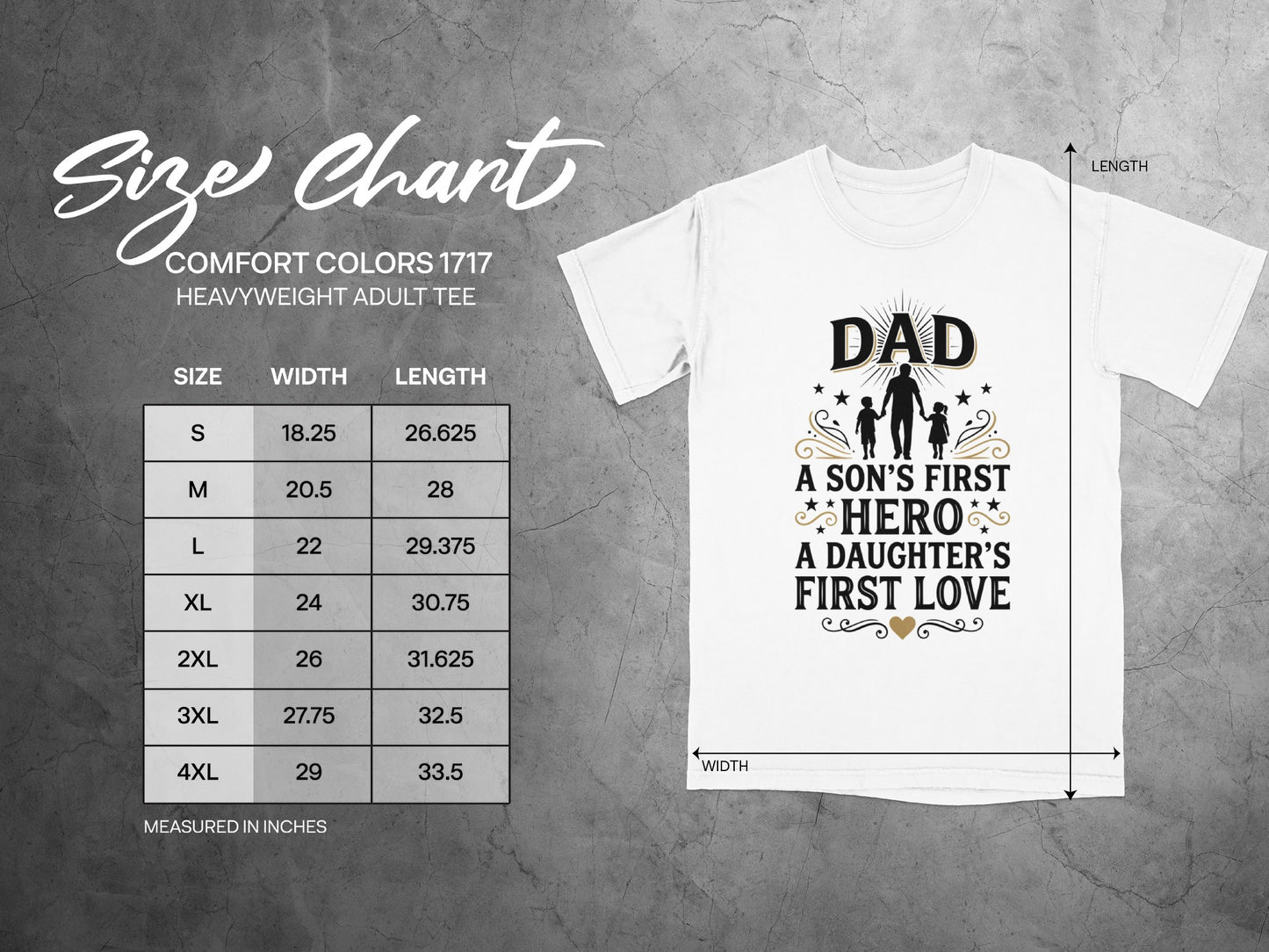 Comfort Colors 1717 size chart for heavyweight adult tee with Dad graphic.