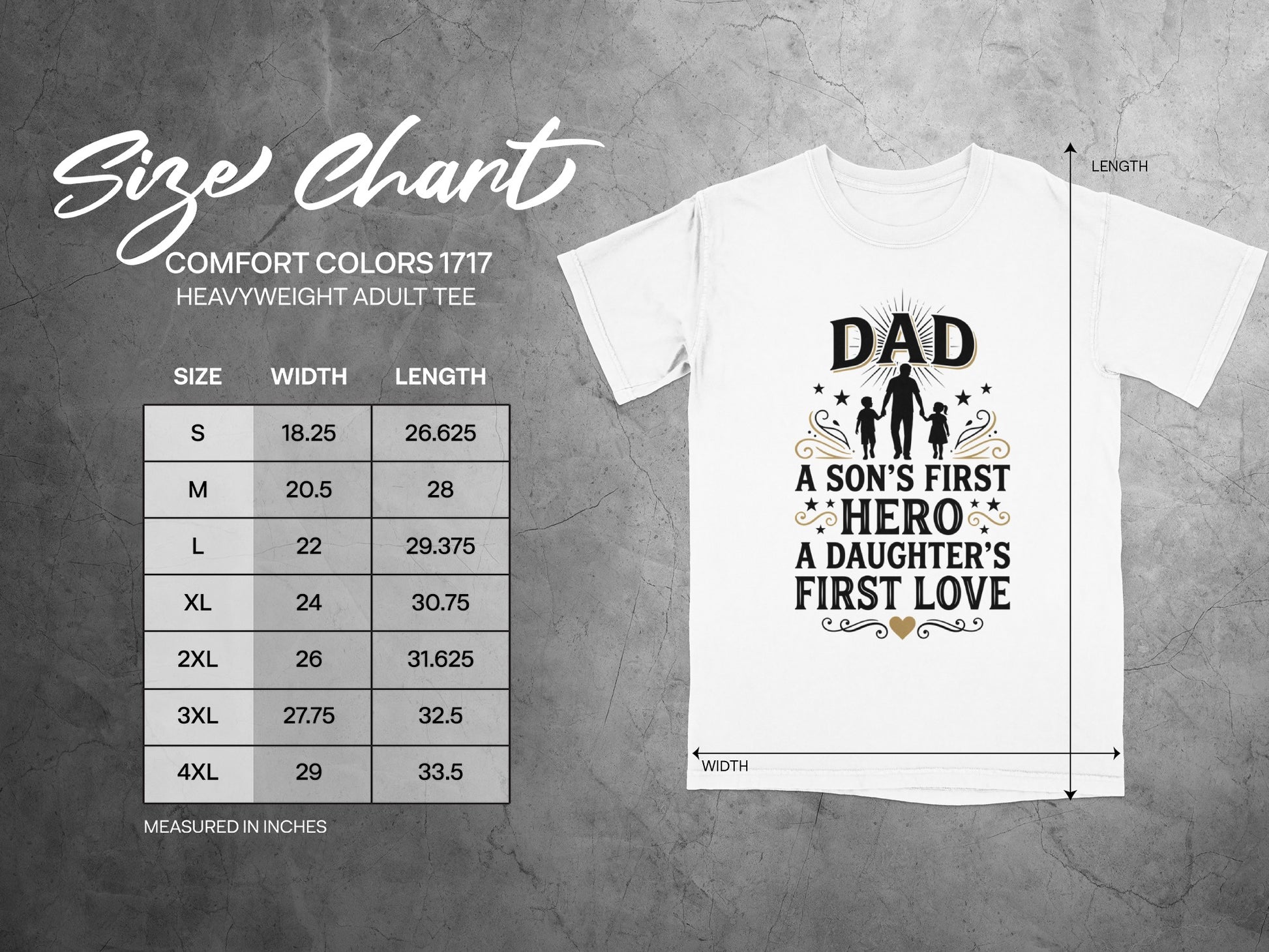 Comfort Colors 1717 size chart for heavyweight adult tee with Dad graphic.