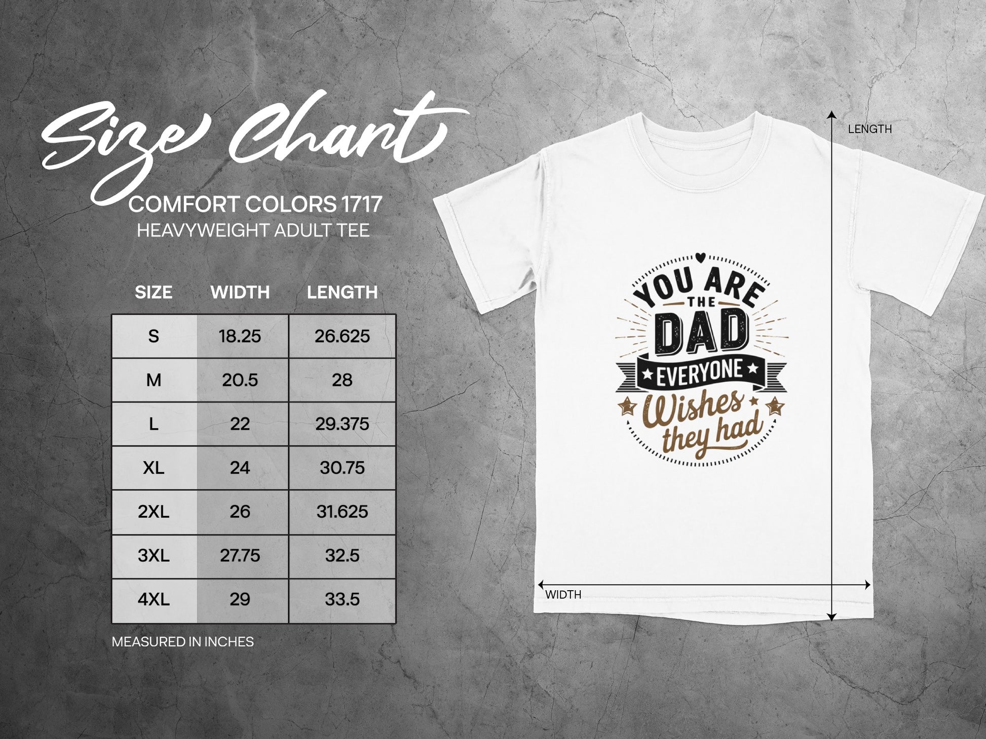 Comfort Colors 1717 size chart for heavyweight adult tee, with measurements.