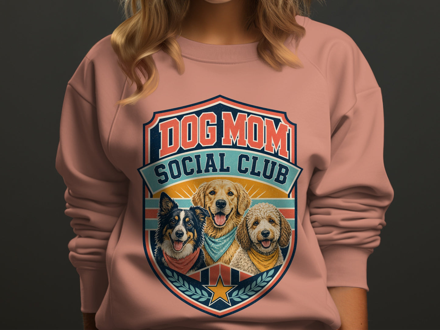 "Dog Mom Social Club" text over three dogs in a crest design.