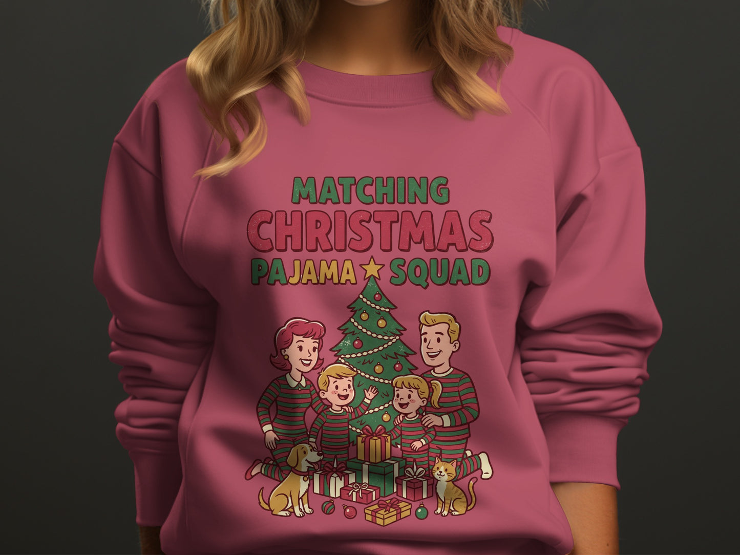Matching Christmas Pajama Squad with family, pets, and presents.