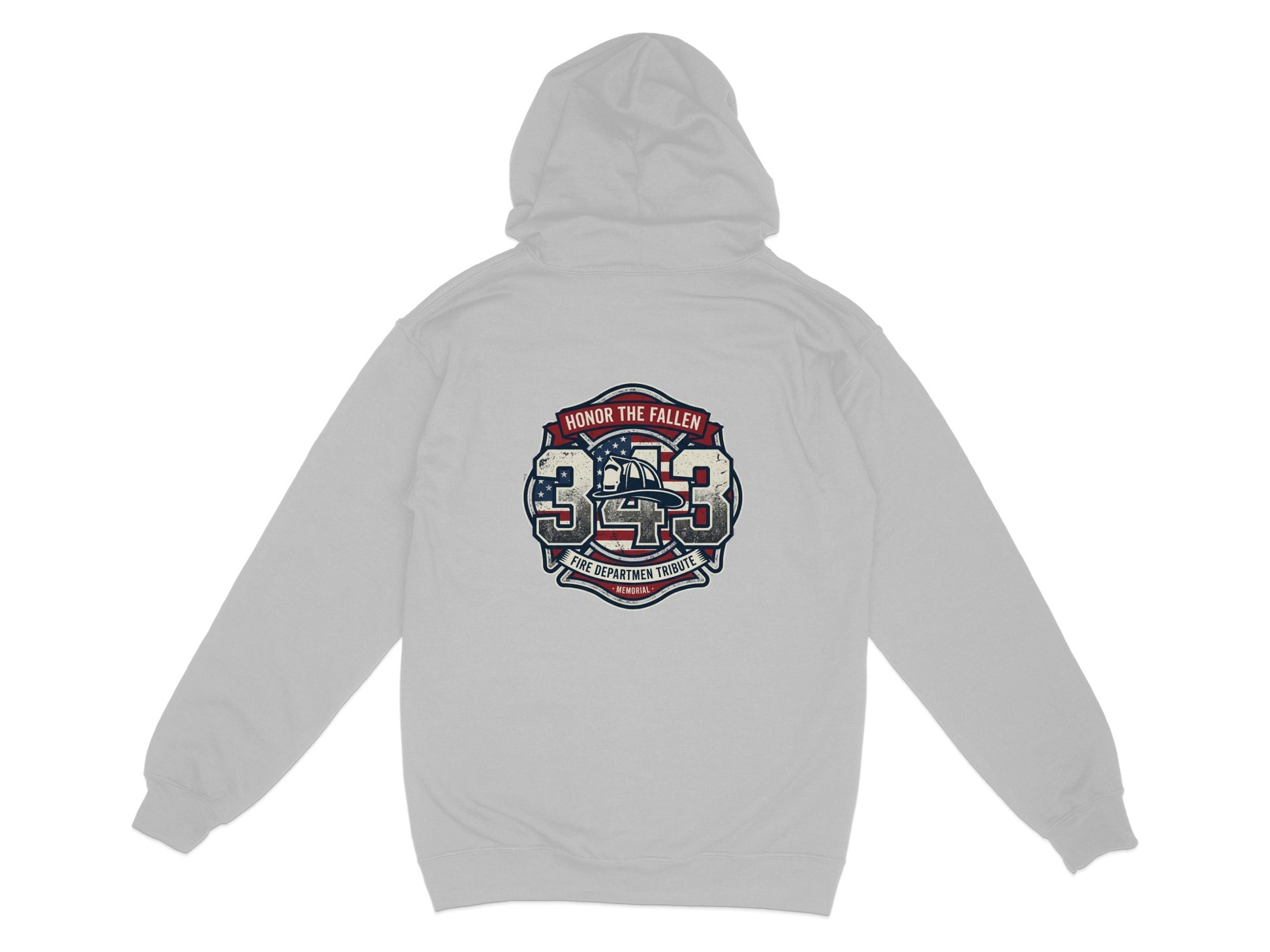 Gray hoodie with "Honor the Fallen 343 Fire Department Tribute Memorial" graphic.