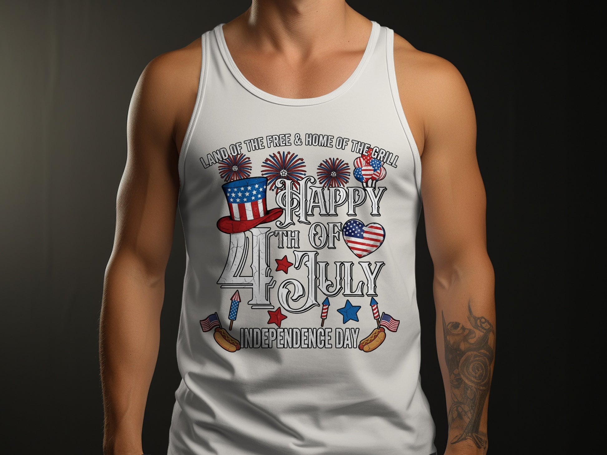 White tank top with "Happy 4th of July Independence Day" graphic.