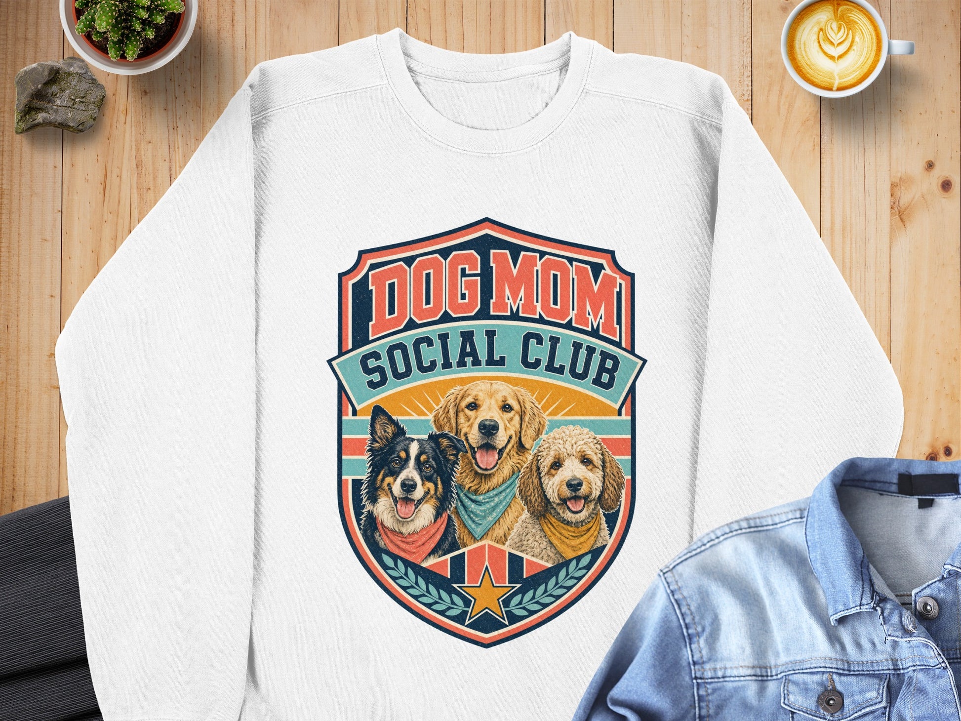 White sweatshirt featuring "Dog Mom Social Club" logo with three happy dogs.
