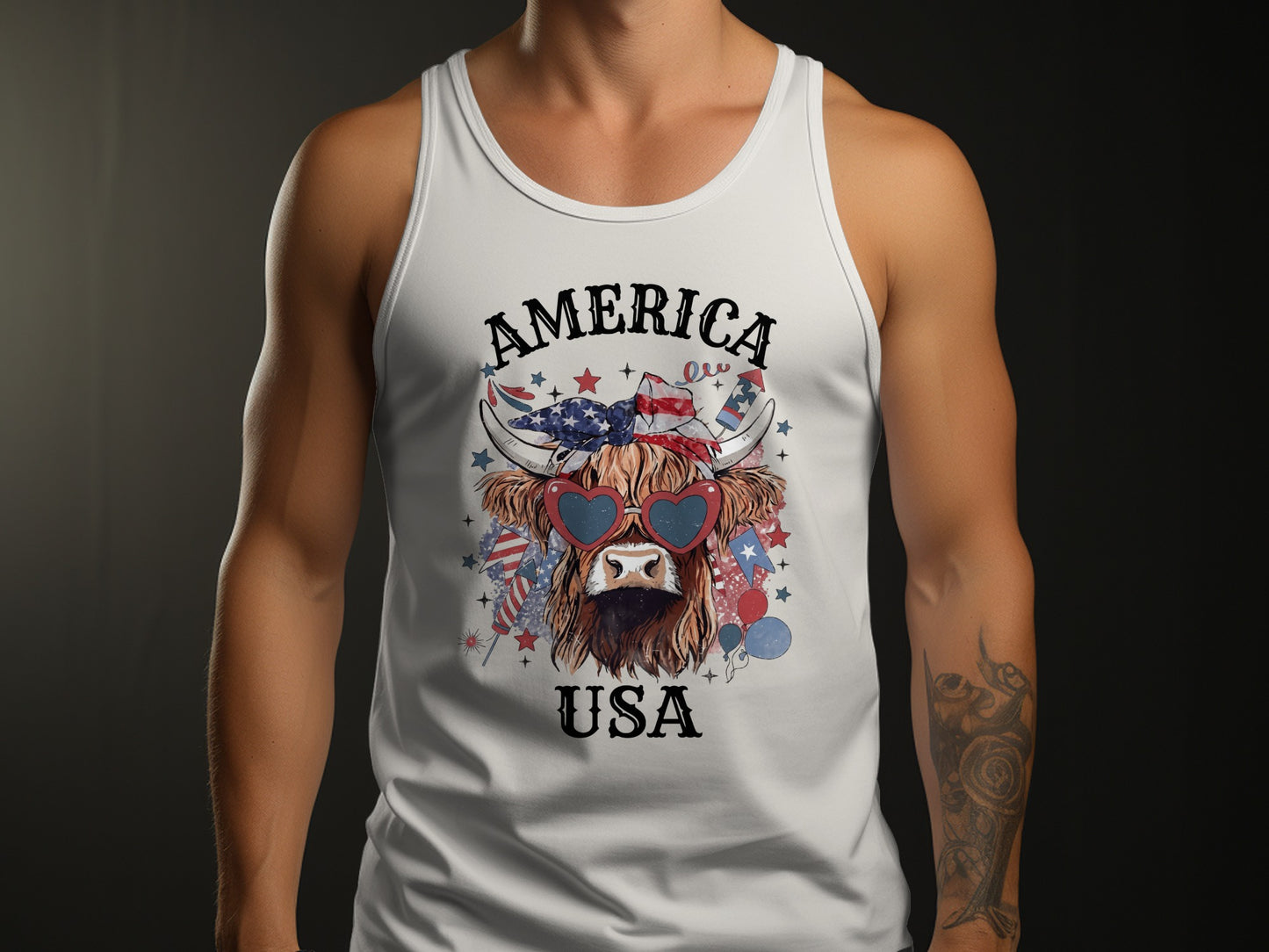 White tank top featuring a patriotic Highland cow graphic with "AMERICA USA" text.