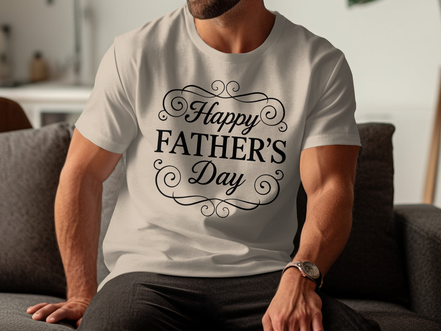 T-shirt with "Happy Father's Day" in elegant script on a light background.