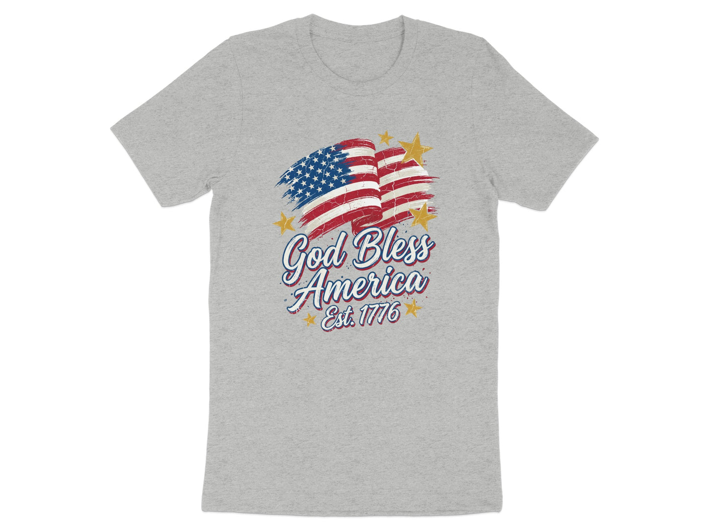 Grey t-shirt with distressed American flag and "God Bless America Est. 1776".