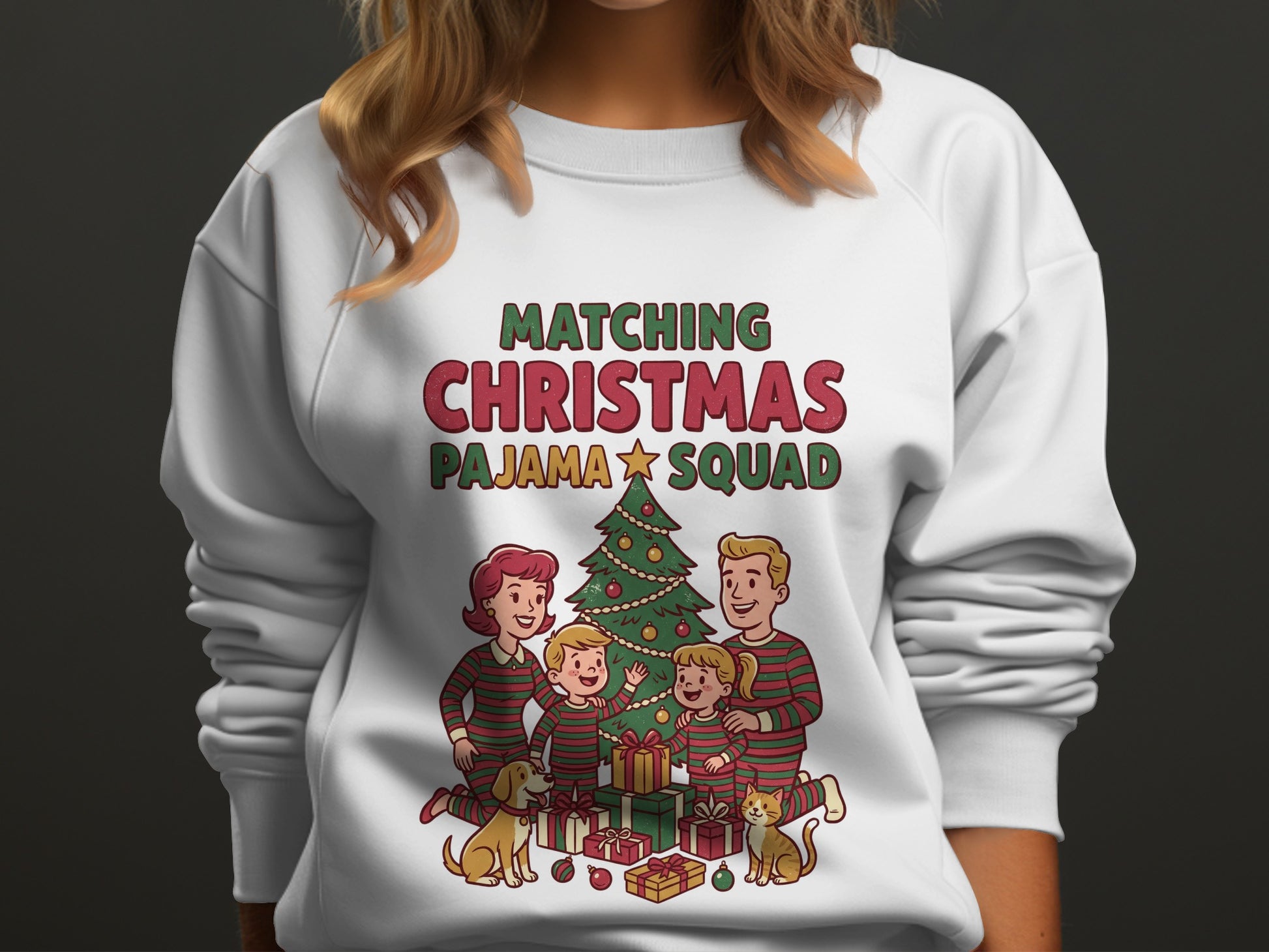 Matching Christmas Pajama Squad with family, pets, tree, and presents.