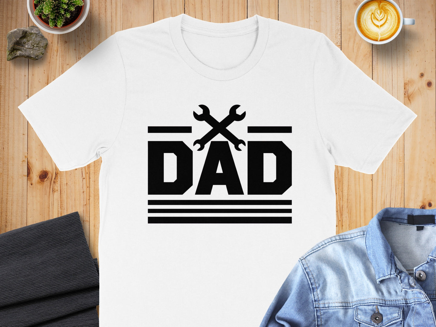 White t-shirt with "DAD" text and crossed wrenches graphic.