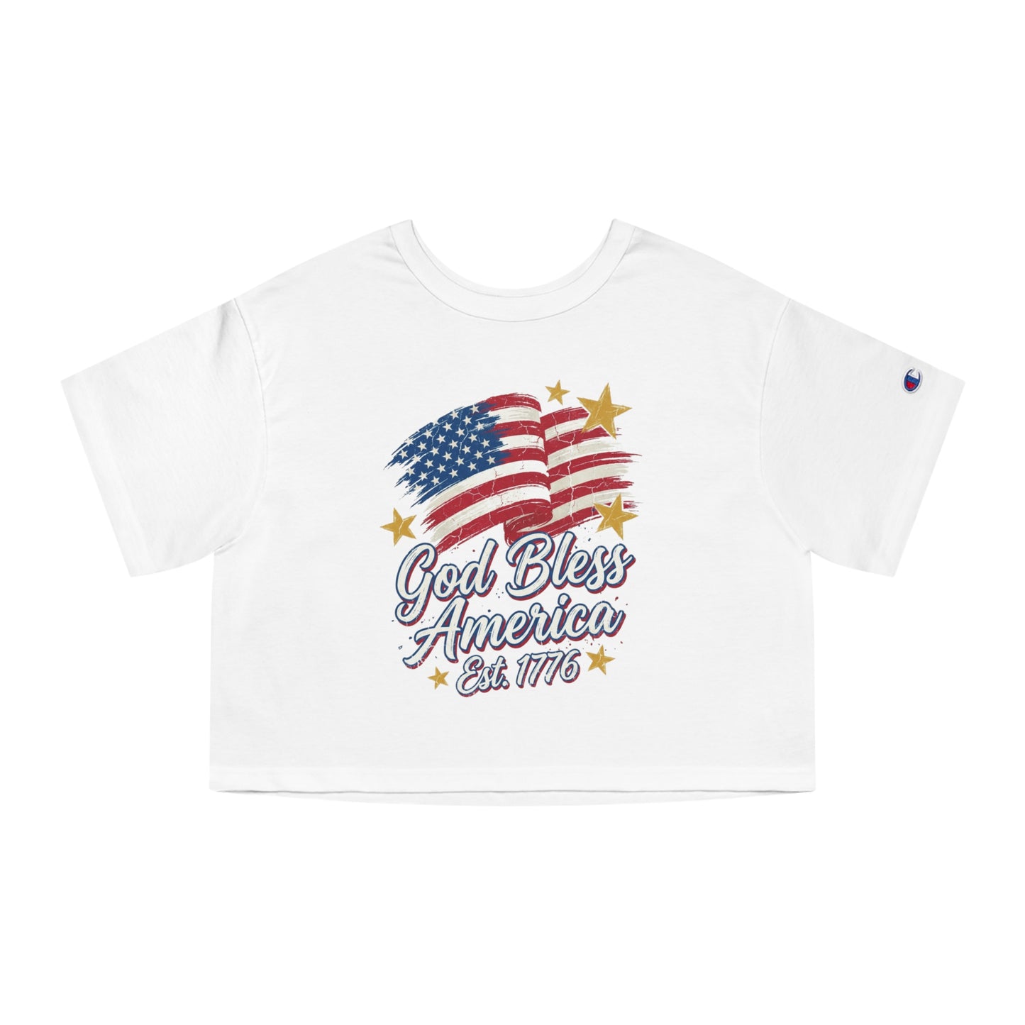 White cropped t-shirt with distressed USA flag and "God Bless America Est. 1776" text.