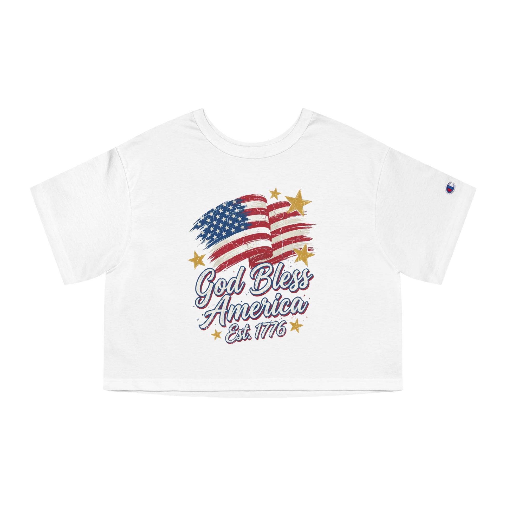 White cropped t-shirt with distressed USA flag and "God Bless America Est. 1776" text.