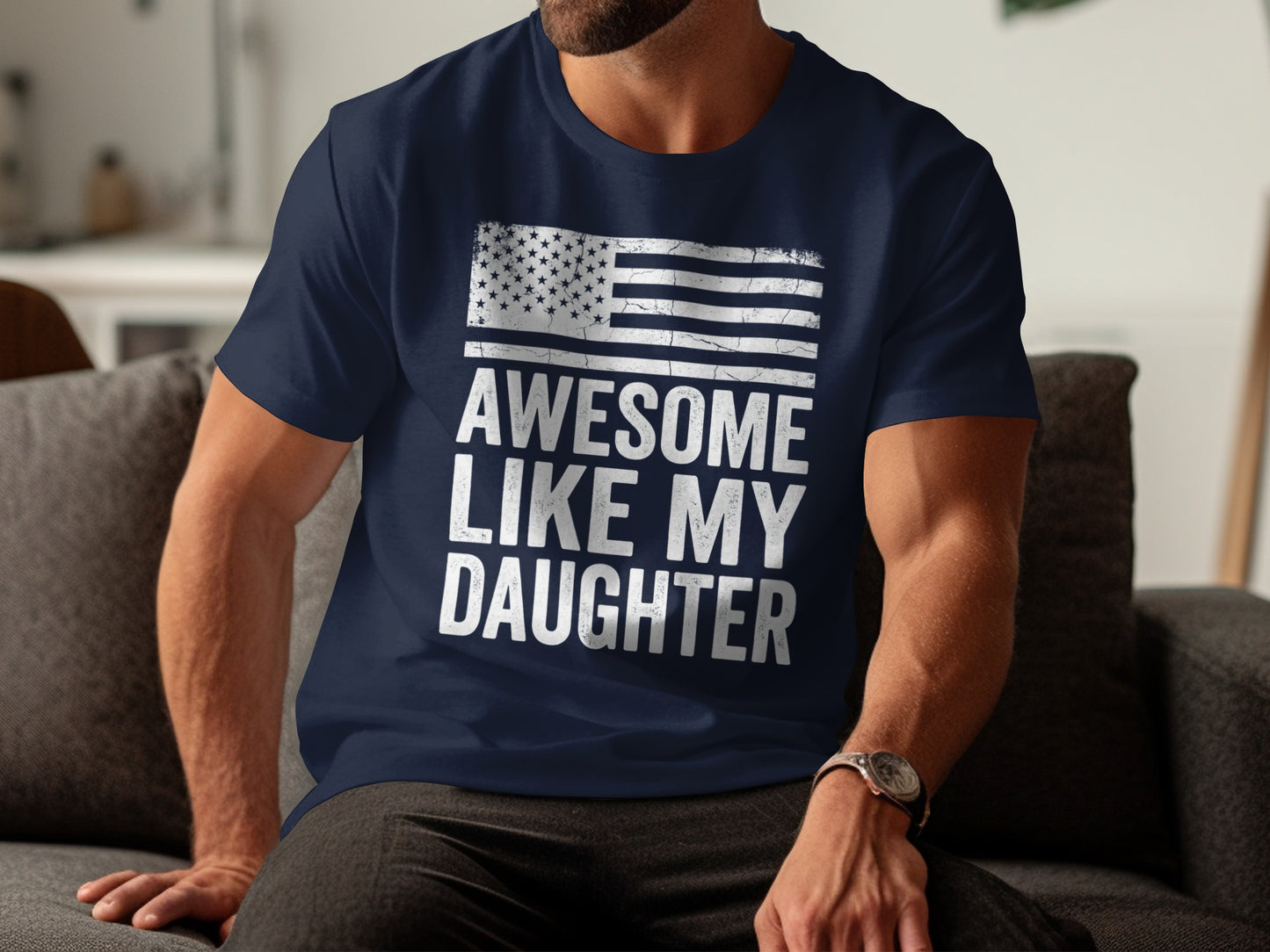 Navy t-shirt with "AWESOME LIKE MY DAUGHTER" and American flag graphic.