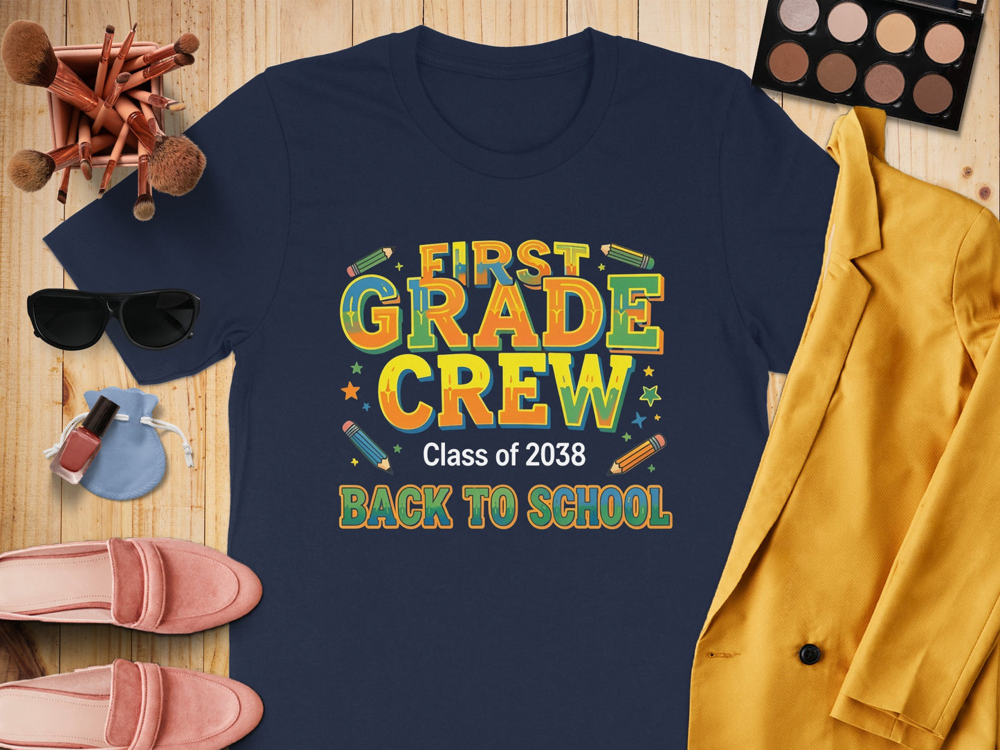 Navy t-shirt with "First Grade Crew Class of 2038 Back to School" graphic.