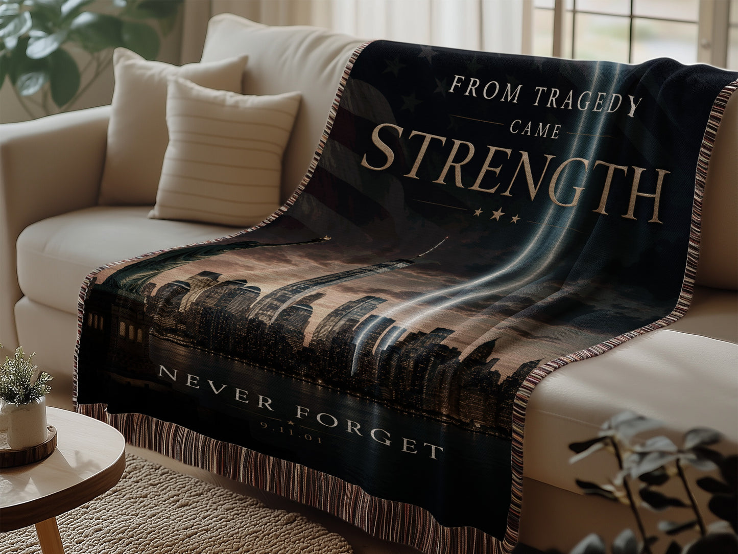 Tapestry blanket with "FROM TRAGEDY CAME STRENGTH" and "NEVER FORGET 9.11.01" over NYC skyline.