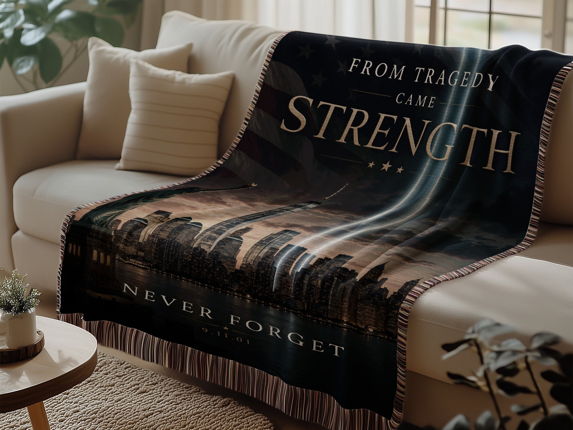 Tapestry blanket with "FROM TRAGEDY CAME STRENGTH" and "NEVER FORGET 9.11.01" over NYC skyline.