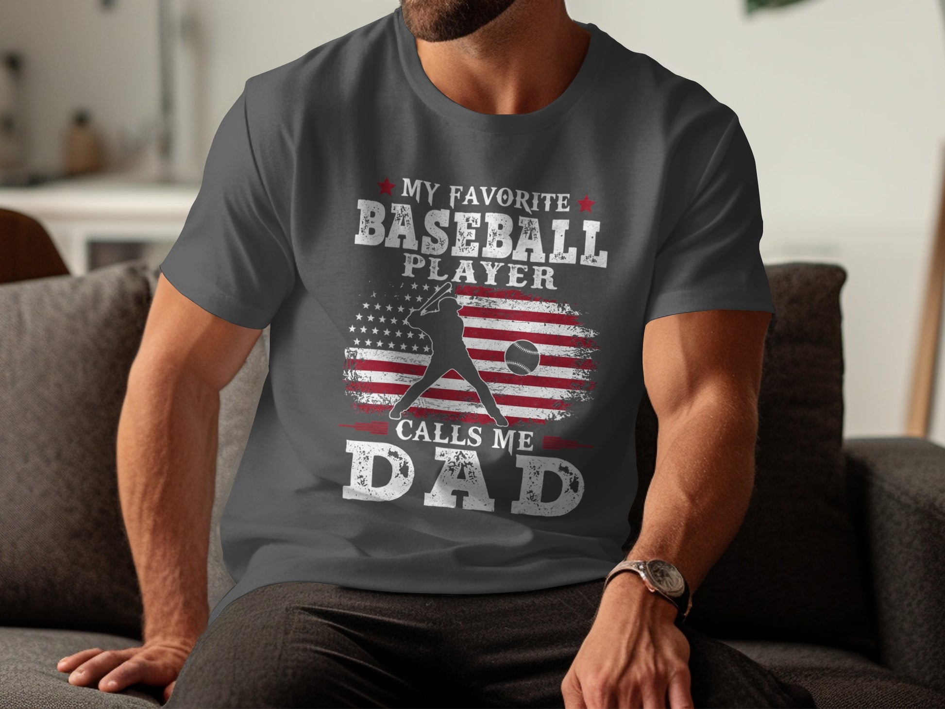 Baseball dad shirt with US flag and bat graphic.