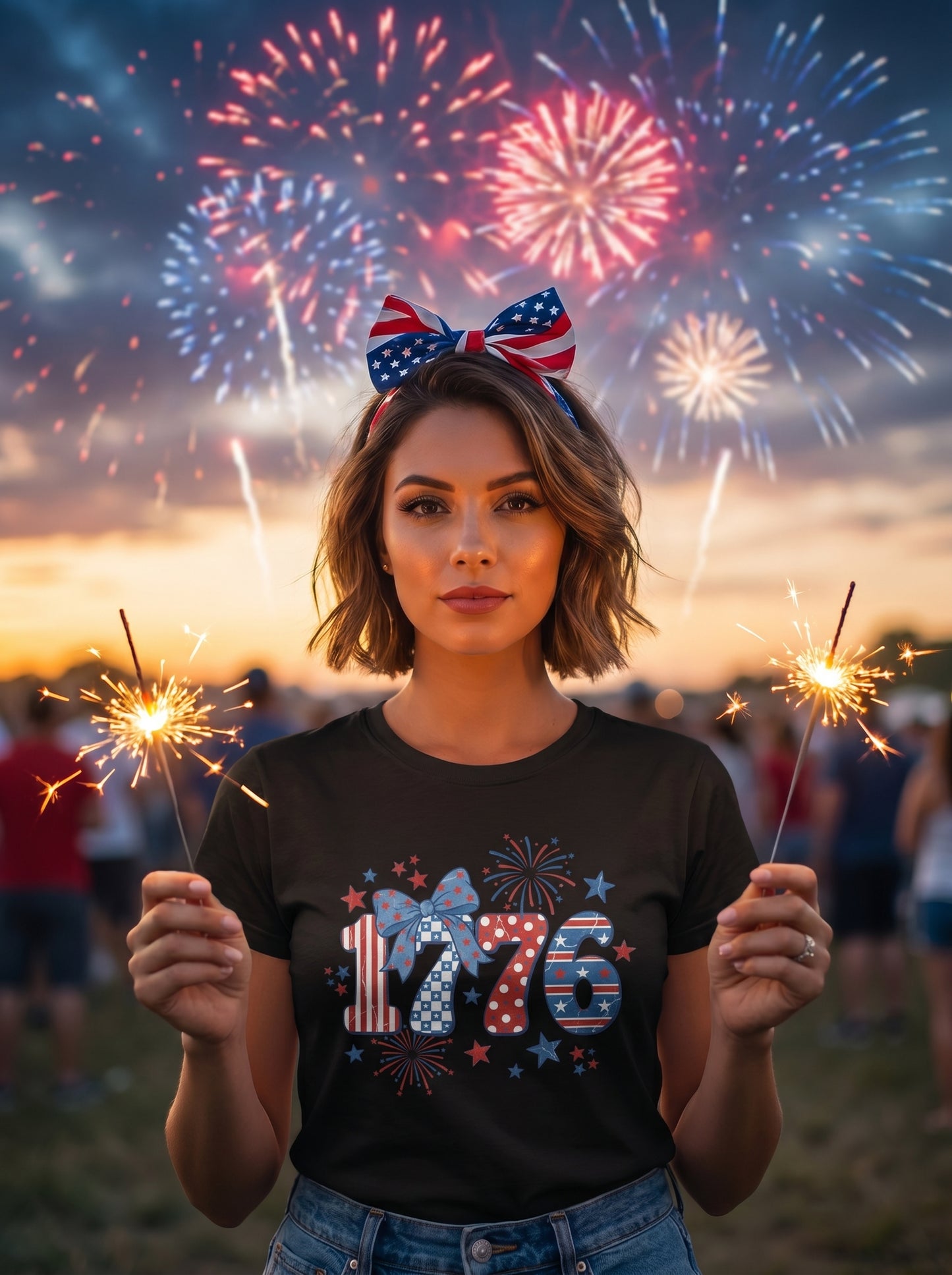 Lifestyle photo of woman wearing 1776 Patriot's Bow Distressed T-Shirt