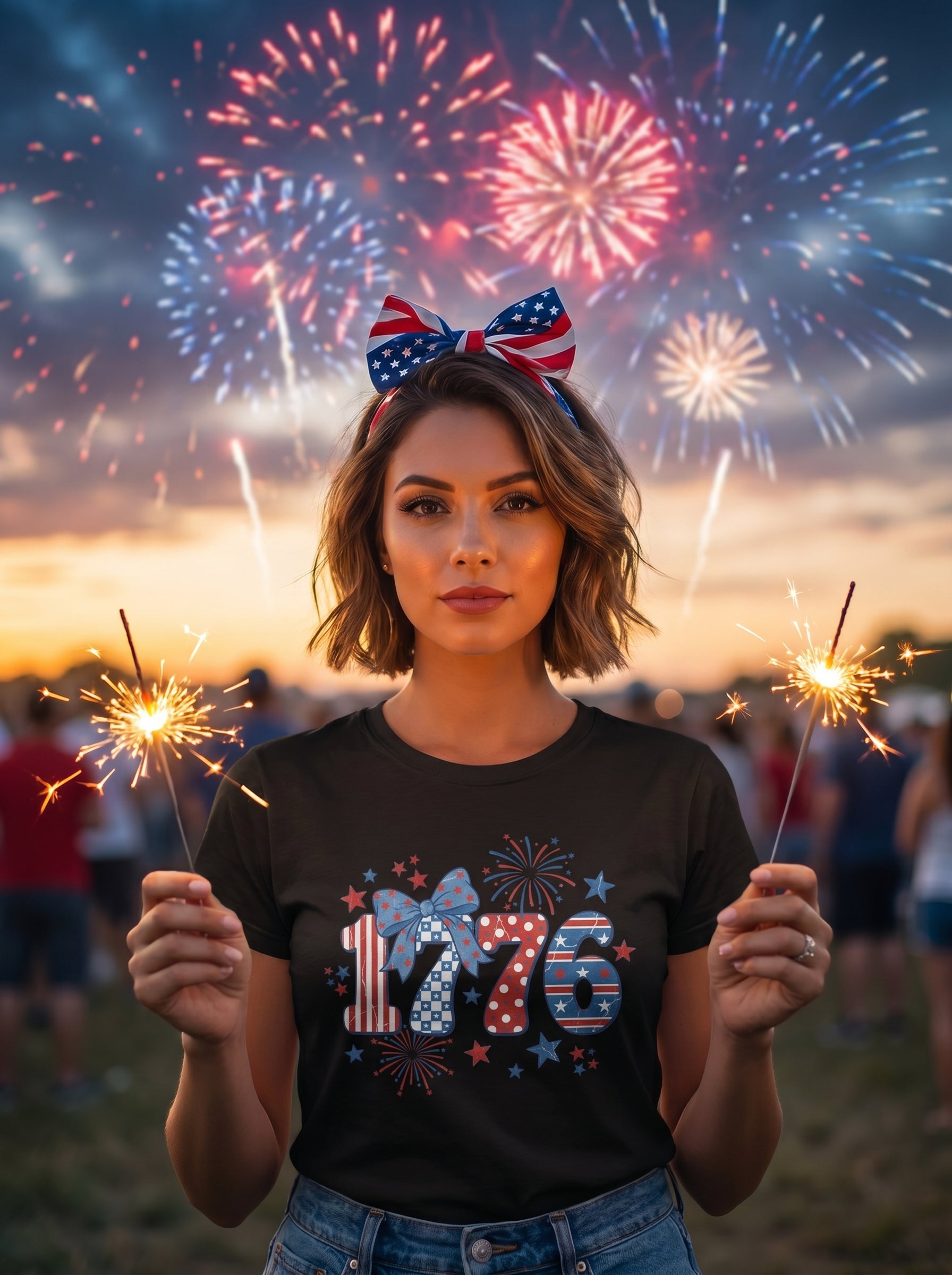 Lifestyle photo of woman wearing 1776 Patriot's Bow Distressed T-Shirt