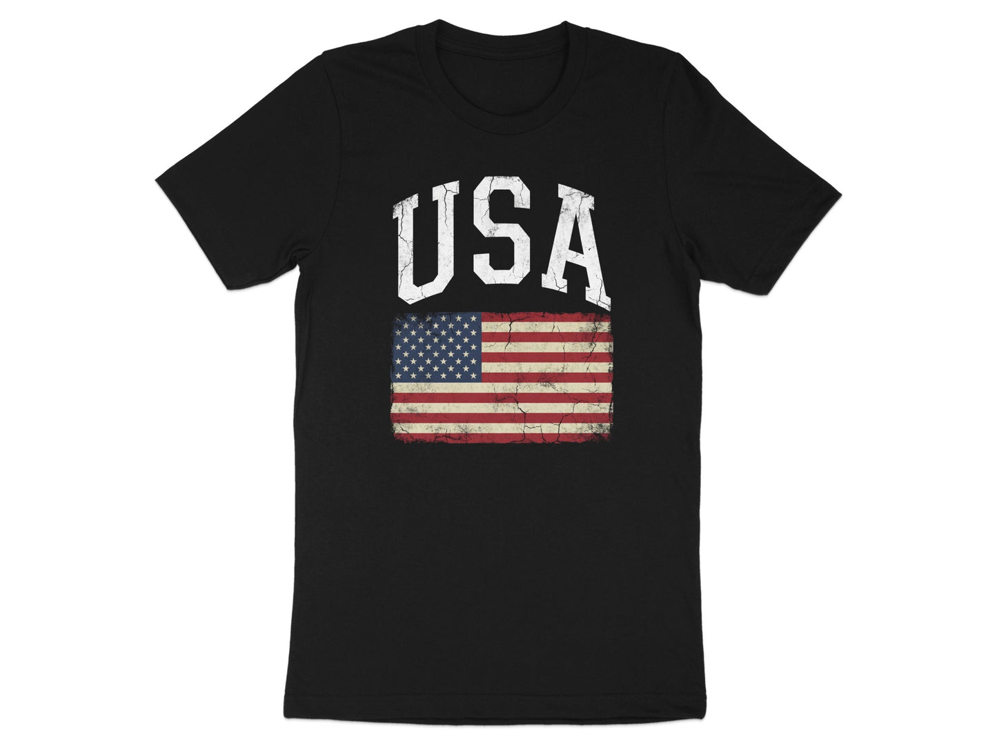 Black t-shirt with distressed USA flag graphic and "USA" text.