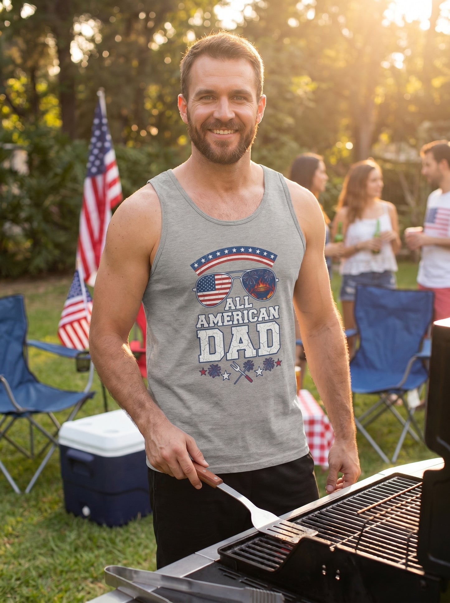 Lifestyle photo of man wearing All American Dad Distressed Tank Top