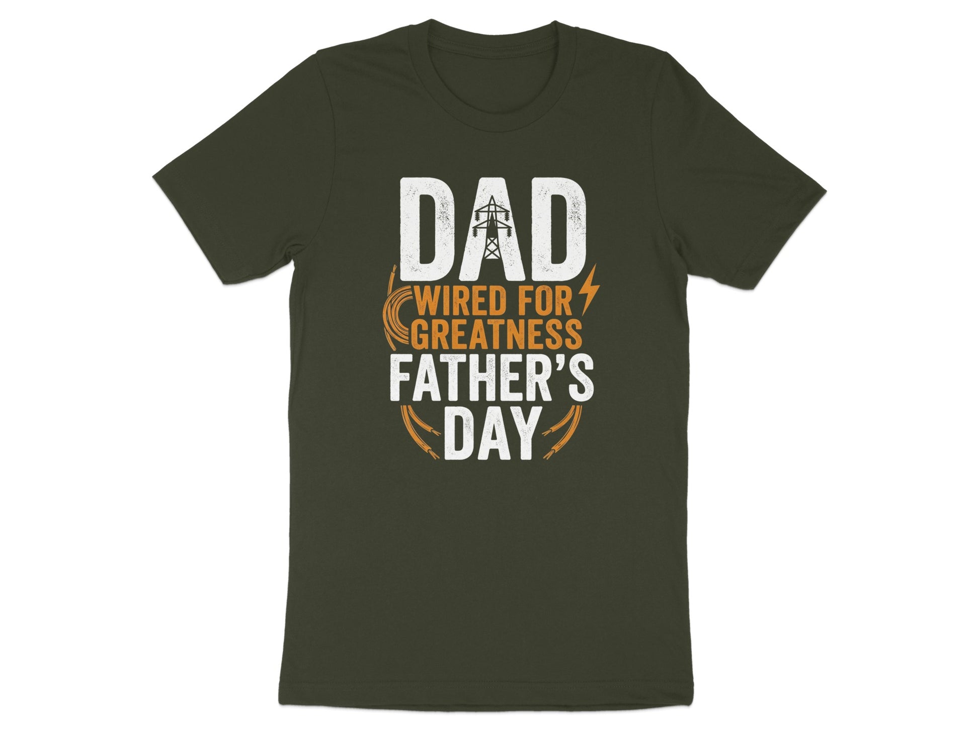 Dark green t-shirt with "Dad Wired for Greatness Father's Day" text.