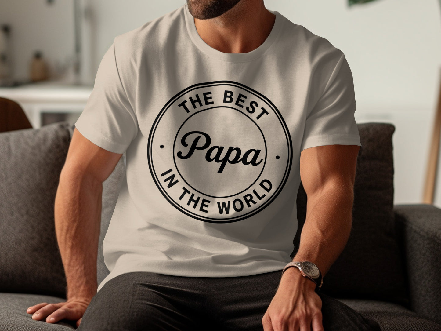 White t-shirt with "The Best Papa in the World" text.