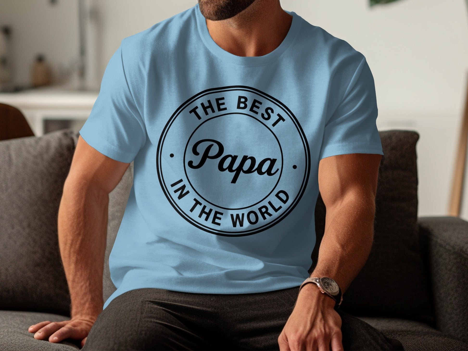Light blue t-shirt with "The Best Papa in the World" text.