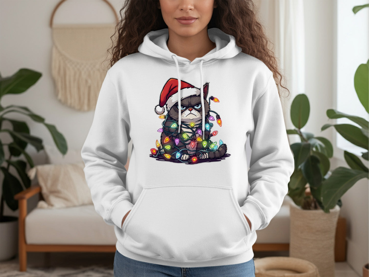 Grumpy Cat in Holiday Lights Design Hooded Sweatshirt