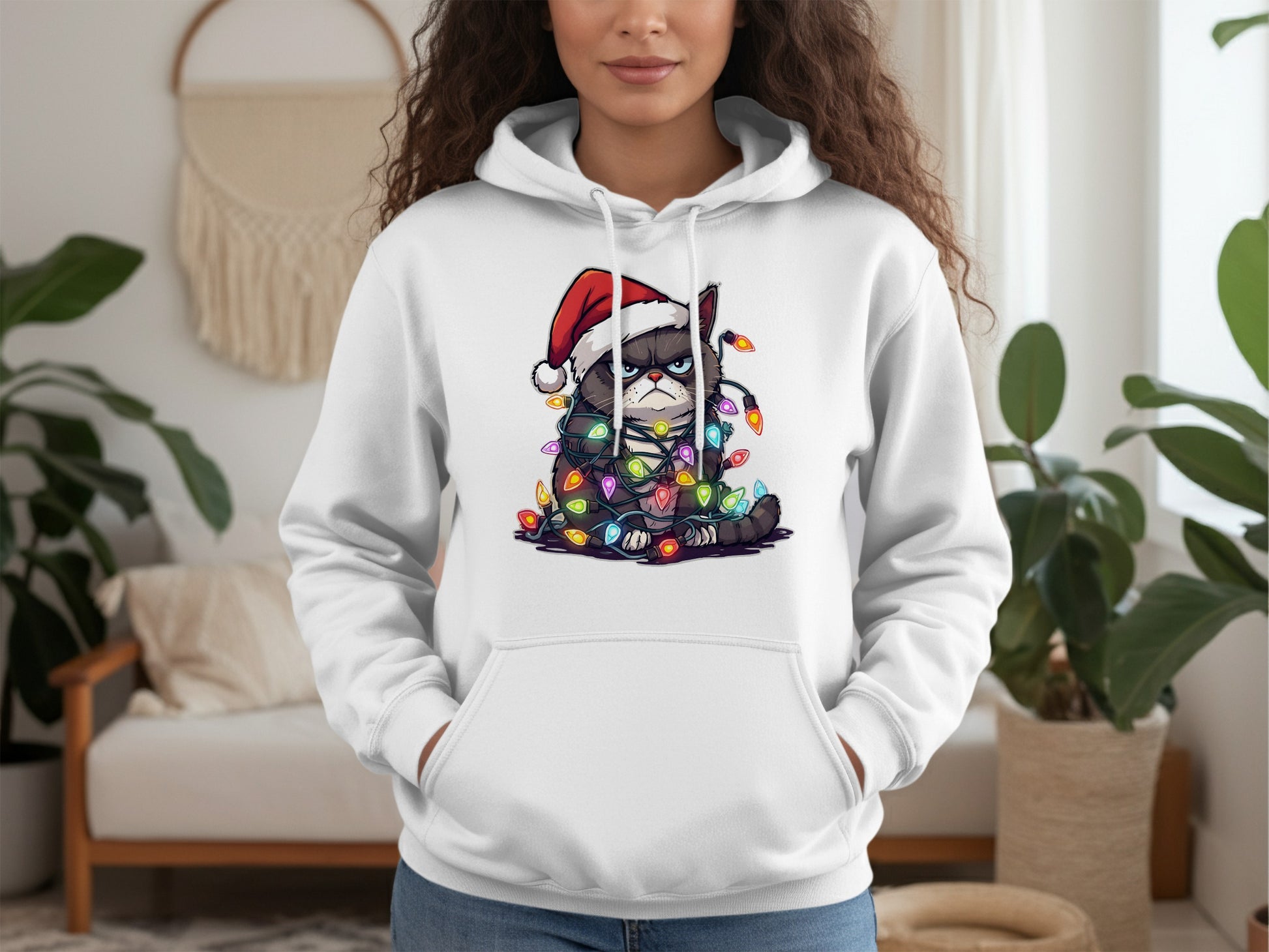 Grumpy Cat in Holiday Lights Design Hooded Sweatshirt