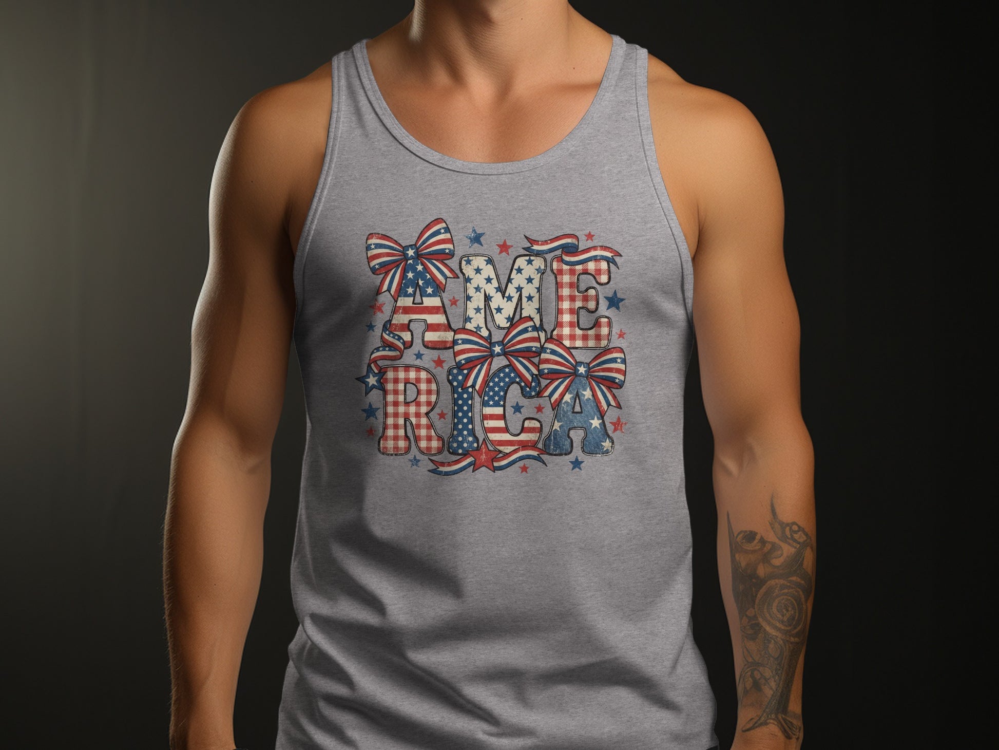 Grey tank top with "AMERICA" graphic featuring patriotic stars, stripes, bows, and plaid patterns.