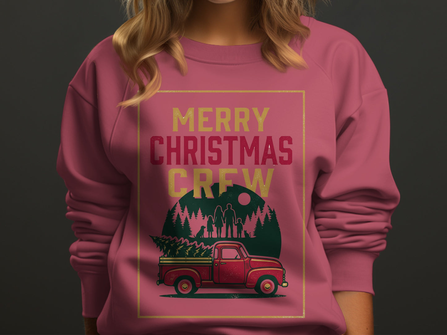 Crewneck sweatshirt with "Merry Christmas Crew" text and vintage truck hauling a tree.