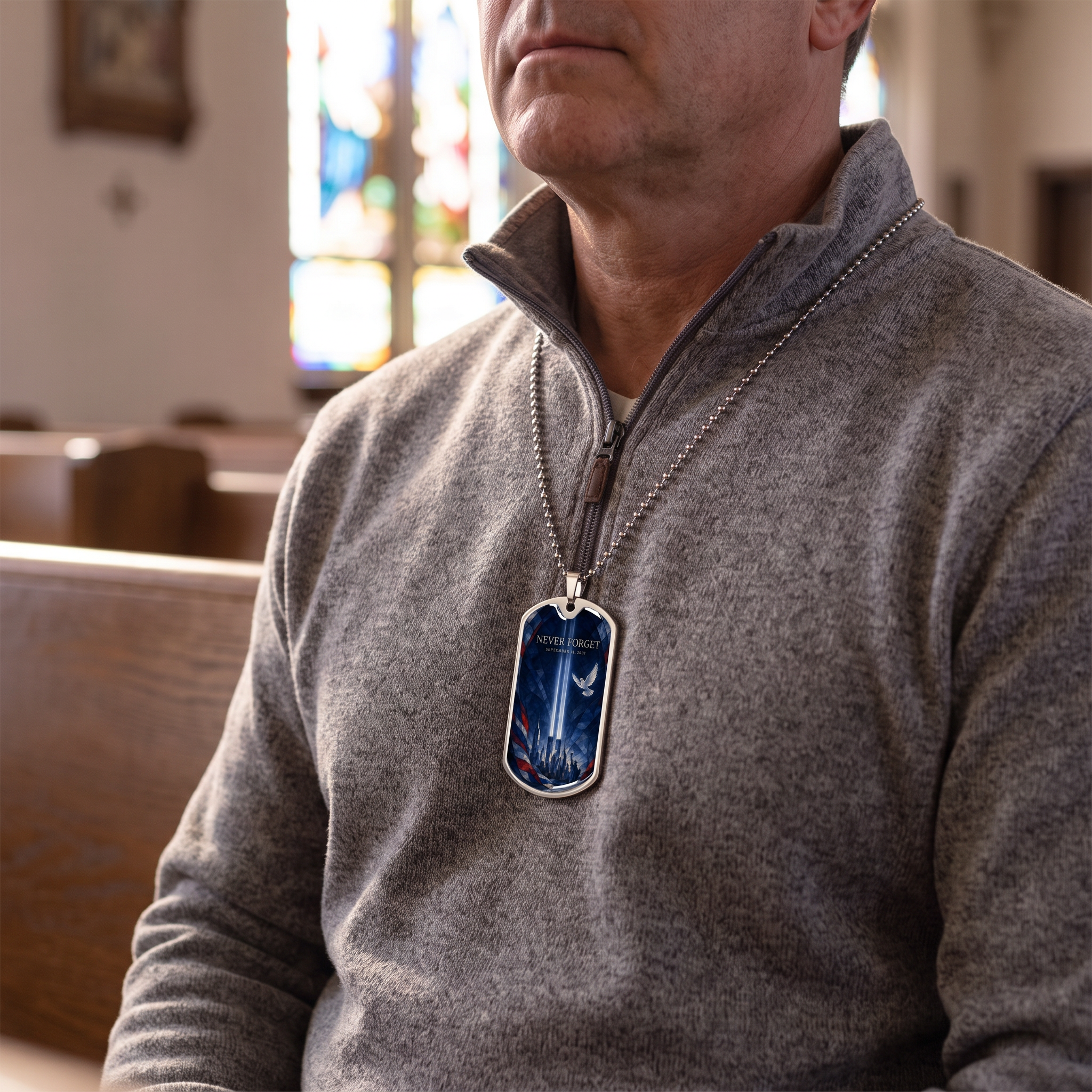 Man wearing the Never Forget 9/11 stained glass dog tag necklace in a church with stained glass light
