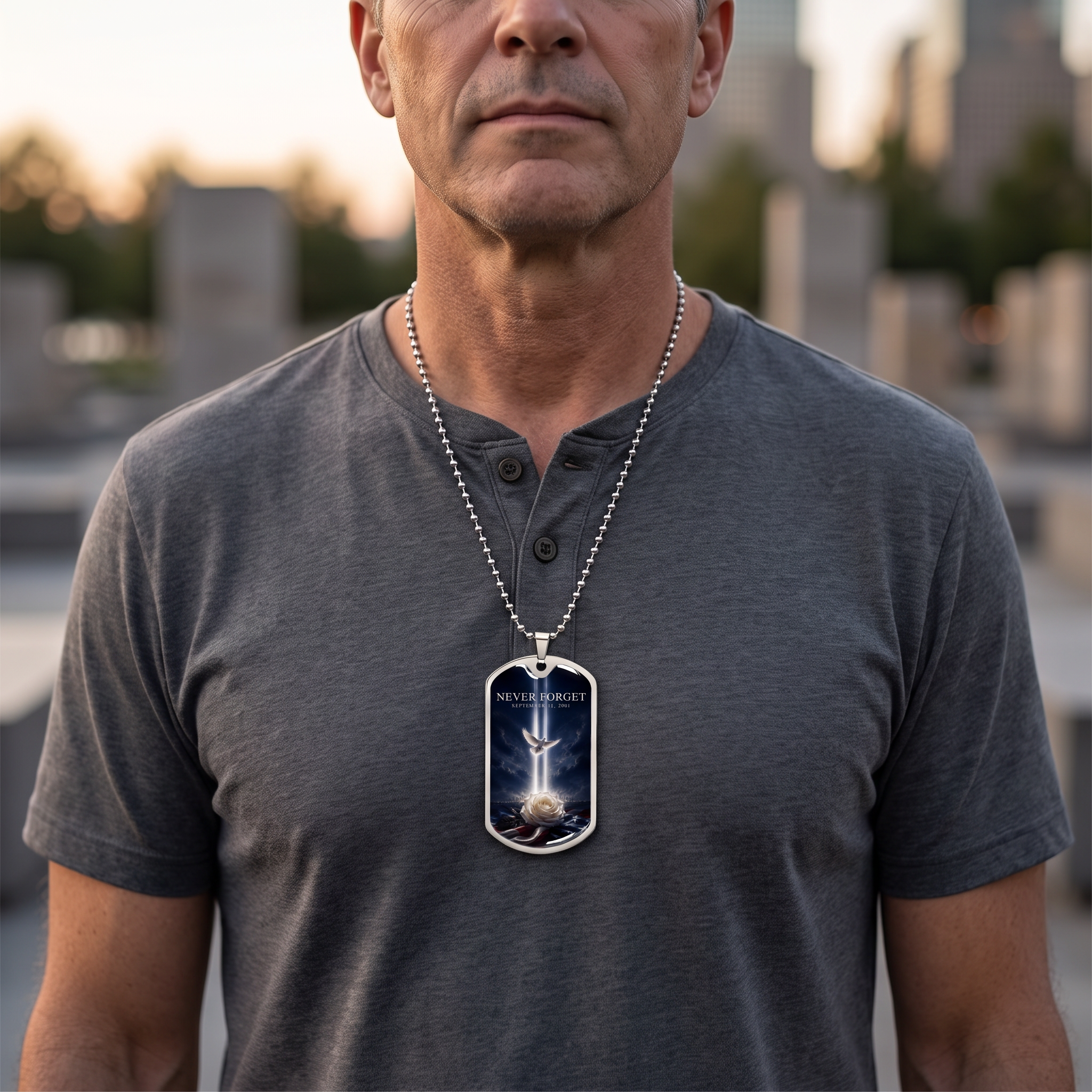 Man wearing the Never Forget 9/11 dog tag necklace with Tribute in Light, dove and white rose at an outdoor memorial at dusk