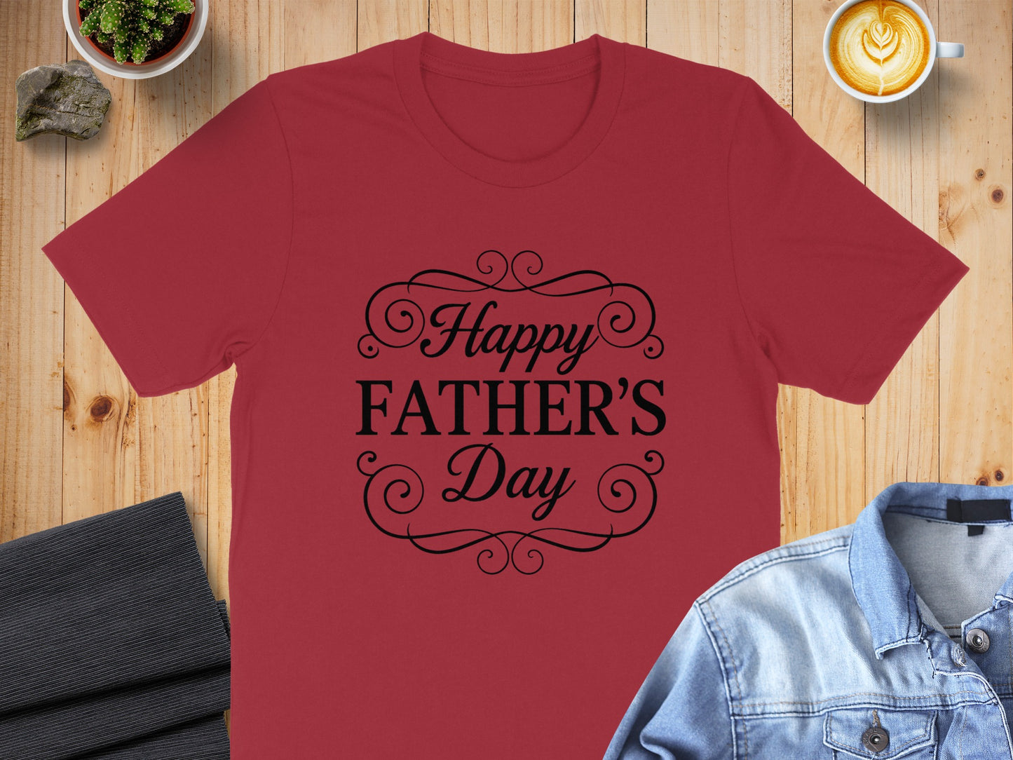 Red t-shirt with "Happy Father's Day" in decorative black text.