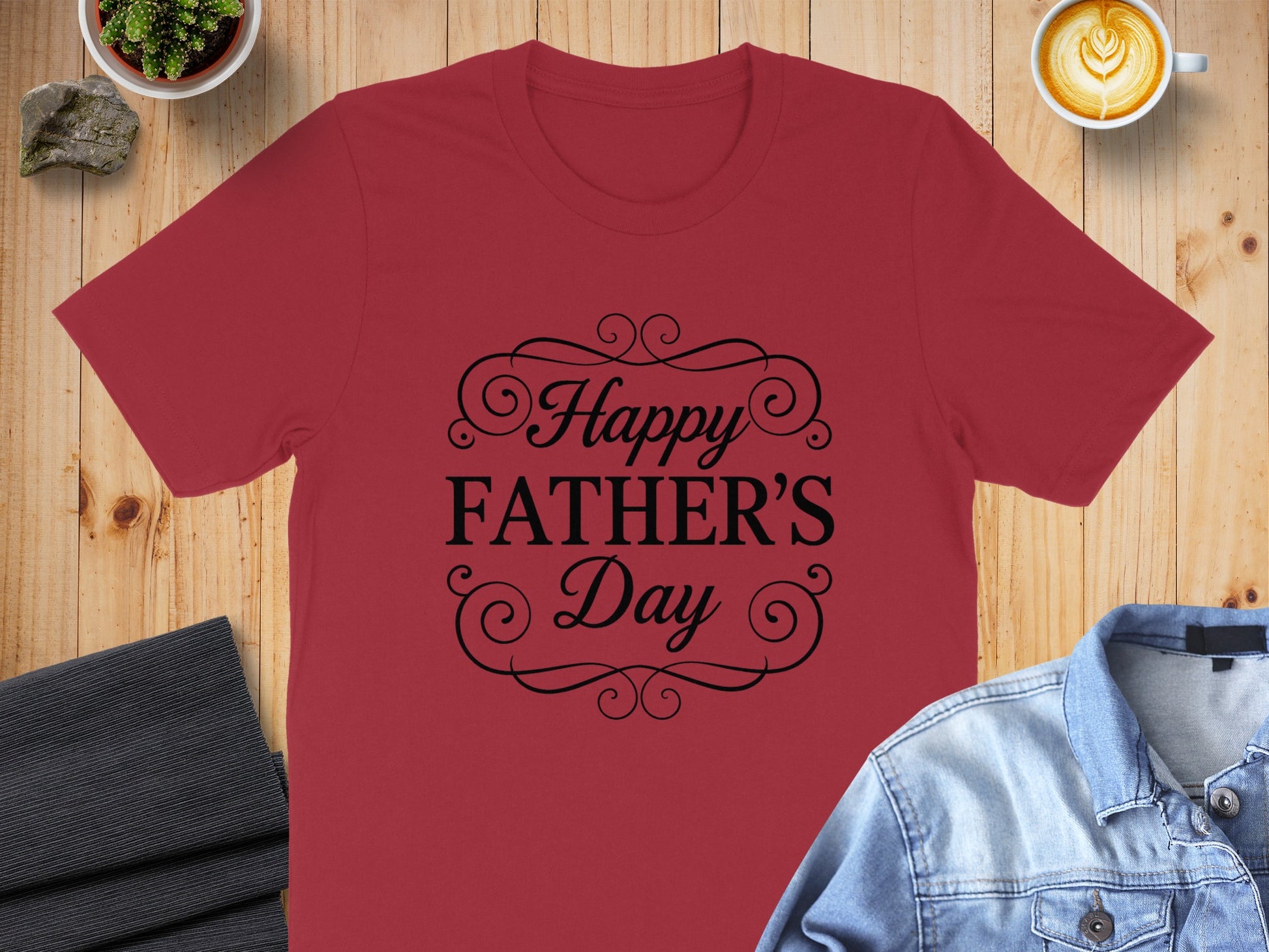 Red t-shirt with "Happy Father's Day" in decorative black text.